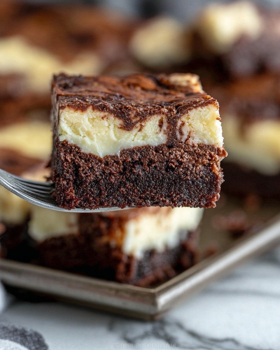 The image shows a close-up of a small square piece of dessert held by a fork. This piece has two clear layers: the bottom layer is dark brown with a rich, moist texture, while the top layer is a creamy, pale yellow with a smooth and slightly crumbly look. The dessert piece is from a larger tray of similar squares in the background, sitting on a white marbled surface. The overall focus is sharp on the dessert piece, with the background softly blurred to highlight the texture and layers of the treat. Photo taken with an iphone --ar 4:5 --v 7
