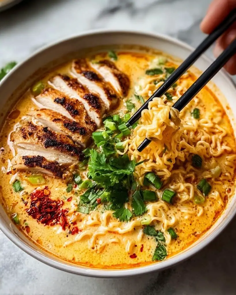 Fiery Chicken Ramen with Creamy Garlic Sauce Recipe
