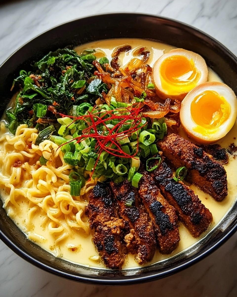 A black bowl holds a creamy light yellow broth at the base. On top are wavy yellow noodles mostly submerged in the broth, occupying the left side and center of the bowl. Along the right side, there are thick, grilled brown slices of seasoned meat with a slightly charred texture. At the back left, there is a clump of sautéed dark green leafy vegetables. Next to the greens, some golden brown caramelized onions add texture. On the right back side, two halves of a soft-boiled egg with bright yellow yolks sit in the broth. A pile of chopped fresh green onions sits in the center on top of the meat and noodles. Thin red chili threads crown the green onions for a pop of bright color. The bowl is placed on a white marbled surface. Photo taken with an iphone --ar 4:5 --v 7