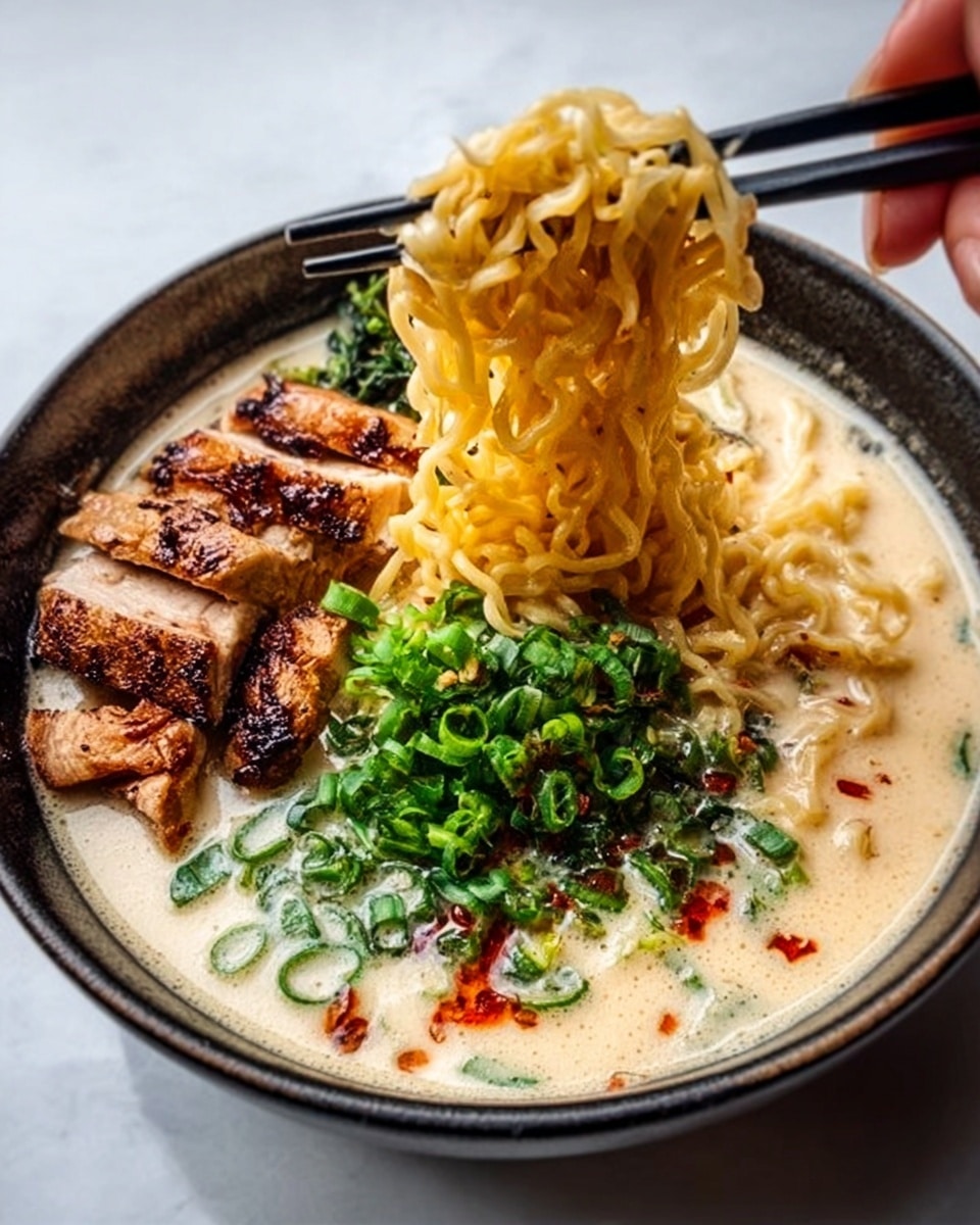 The image shows a white bowl filled with creamy soup. Inside the soup, there are thick yellow noodles lifted by black chopsticks held by a woman's hand above the bowl. On the left side of the bowl, there are grilled brown chicken slices with a slightly charred texture. In the middle, there is a heap of bright green chopped scallions. The soup has a light cream color with small red chili oil spots floating on the surface. The bowl sits on a white marbled surface. Photo taken with an iphone --ar 4:5 --v 7