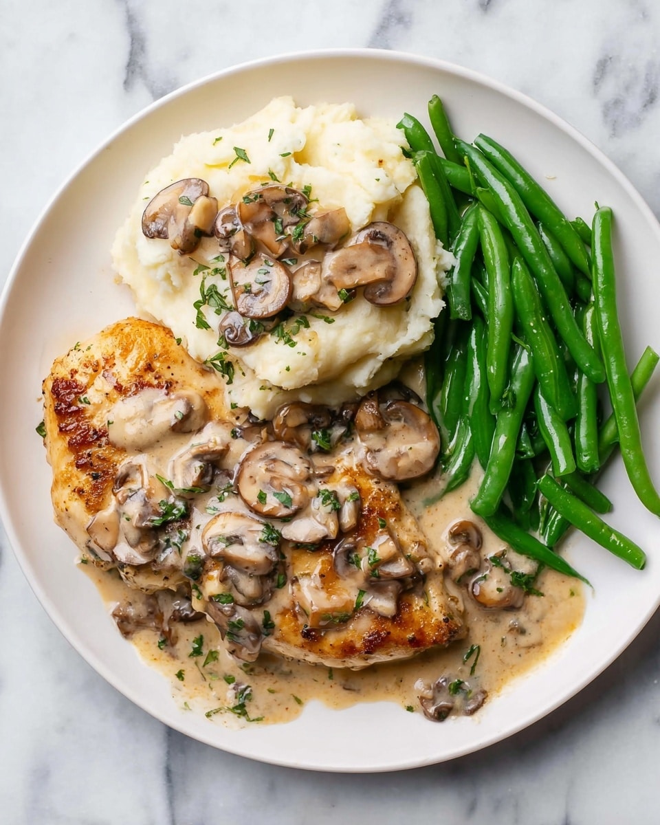 A white plate holds a meal with three main parts: on the left is a golden-brown cooked chicken piece covered in a creamy mushroom sauce with sliced brown mushrooms and green herb bits; in the middle is a generous scoop of creamy, light beige mashed potatoes topped with mushroom sauce and herbs; on the right are bright green cooked whole green beans placed in a neat bunch. The plate sits on a white marbled surface. Photo taken with an iphone --ar 4:5 --v 7