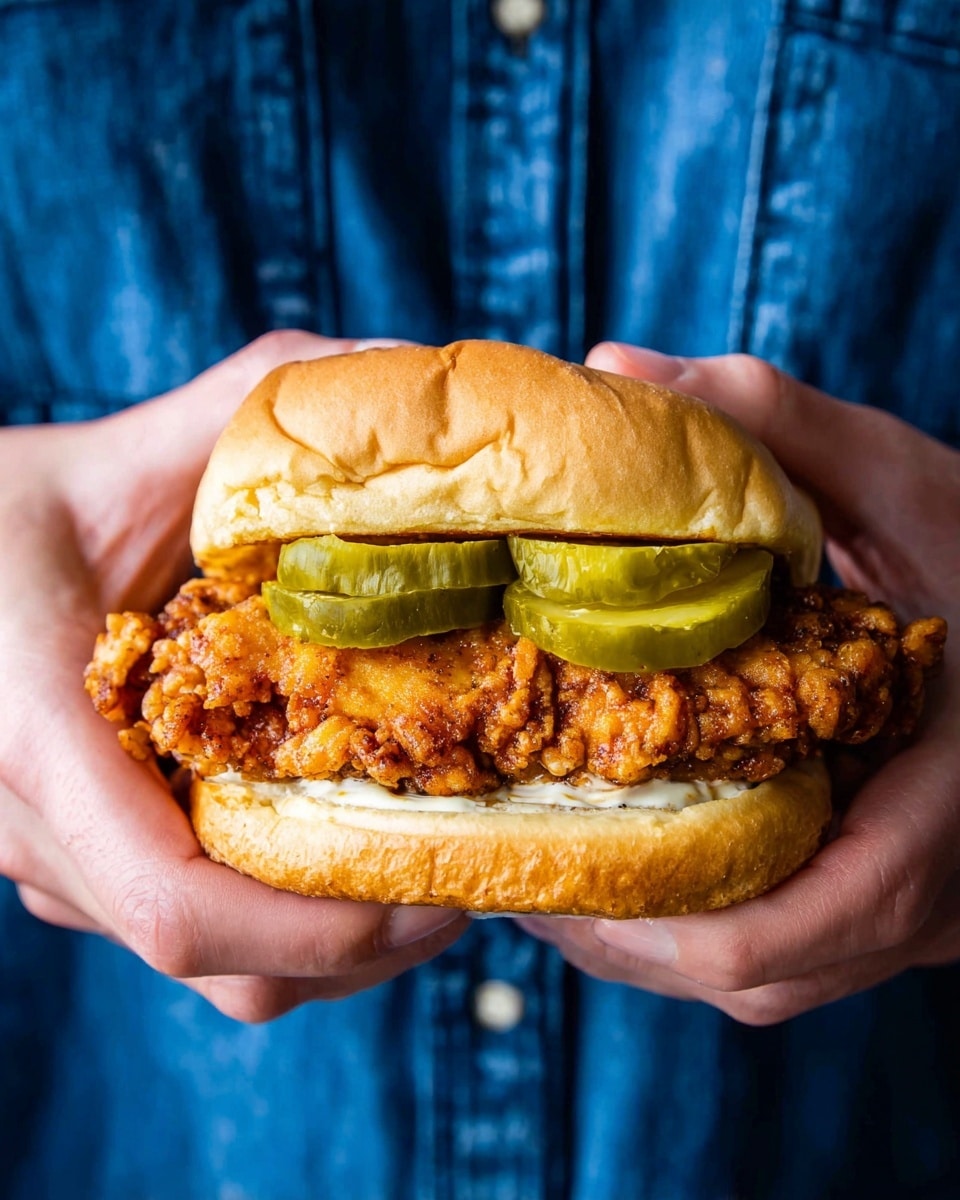 A sandwich held by two woman's hands shows four main layers: the top layer is a soft, light brown sandwich bun with a slightly wrinkled texture; under it, three thick green pickle slices with a firm and shiny look lay flat; beneath the pickles, there is a thick, golden-brown fried chicken piece with a crunchy, rough texture; the bottom layer is the soft, light brown sandwich bun with a bit of white mayo sauce spread on it. The background is a close-up of a person wearing a blue denim shirt. photo taken with an iphone --ar 4:5 --v 7