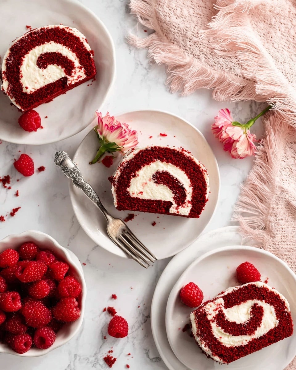 Three white plates each hold a slice of red velvet roll cake with a visible thick layer of white cream and bits of red raspberries wrapped inside the cake swirl. The cake is deep red with a soft texture, and the cream layer is smooth and thick, contrasting with the spongy cake. One plate has a silver fork resting on it, and beside this plate are two fresh raspberries and a small pink flower. The setting is on a white marbled surface with scattered raspberries and soft pink fabric with fringes near the top right. A white bowl filled with fresh raspberries is partially visible in the bottom left. The scene is brightly lit with natural light, highlighting the rich colors and textures of the cake and fruit. photo taken with an iphone --ar 4:5 --v 7