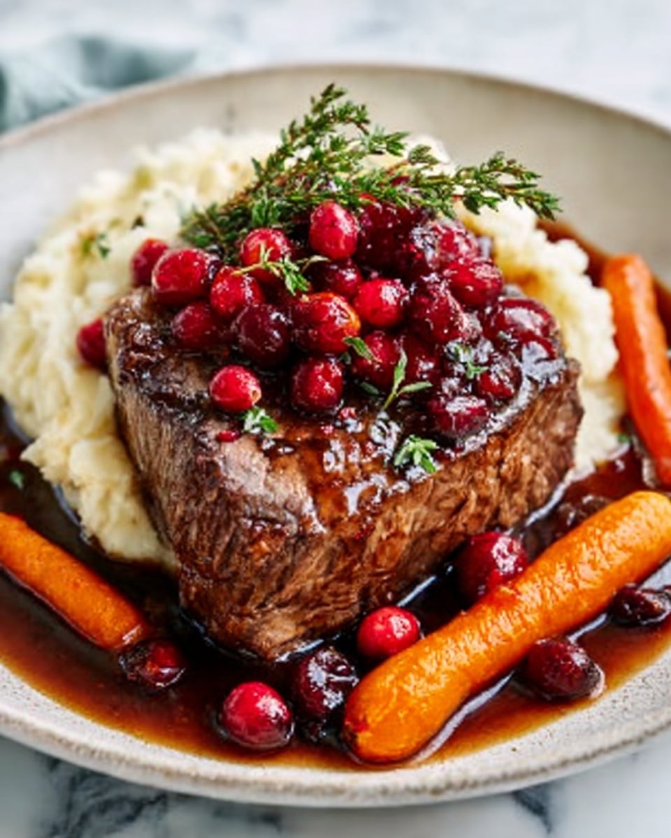 A white plate on a white marbled surface holds a thick, juicy piece of brown steak in the center. On top of the steak is a cluster of bright red cranberries and a small bunch of green herbs. Surrounding the steak are small, orange baby carrots and a dark brown sauce pooling around the base. To the side, there is a creamy white mound of mashed potatoes with a smooth texture. Photo taken with an iphone --ar 4:5 --v 7