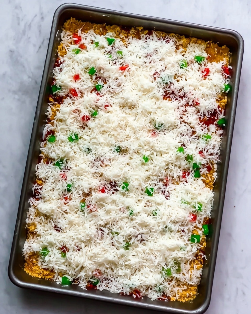 A rectangular dark metal baking tray filled with a layered dessert. The bottom layer is a mix of golden-brown crumbs, topped with a scattering of bright green chopped pieces and small red bits evenly spread. Over these is a thick, even layer of white shredded topping covering almost everything, with some green and red bits peeking through. The tray sits on a white marbled surface. photo taken with an iphone --ar 4:5 --v 7