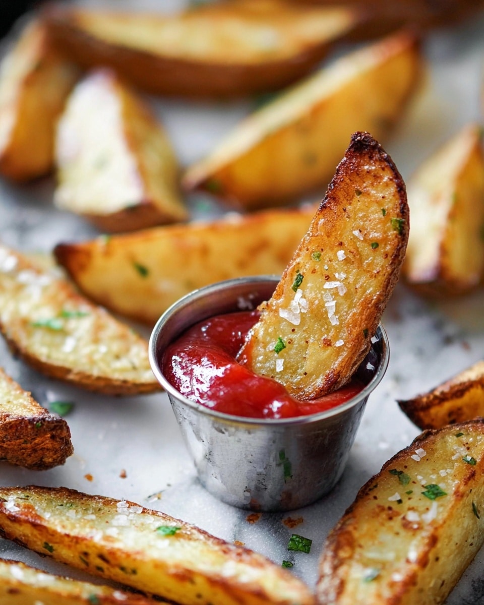 The image shows golden-brown potato wedges, each with a slightly crispy texture and small green herb bits sprinkled on top, arranged loosely on a white marbled surface. In the center and front is a small metal cup filled with bright red ketchup, and one wedge is dipped into the ketchup, standing upright in the cup. The potato wedges have a rough, slightly uneven surface, some with small salt crystals visible. The background is softly blurred with more wedges scattered around, creating a cozy and inviting scene. photo taken with an iphone --ar 4:5 --v 7