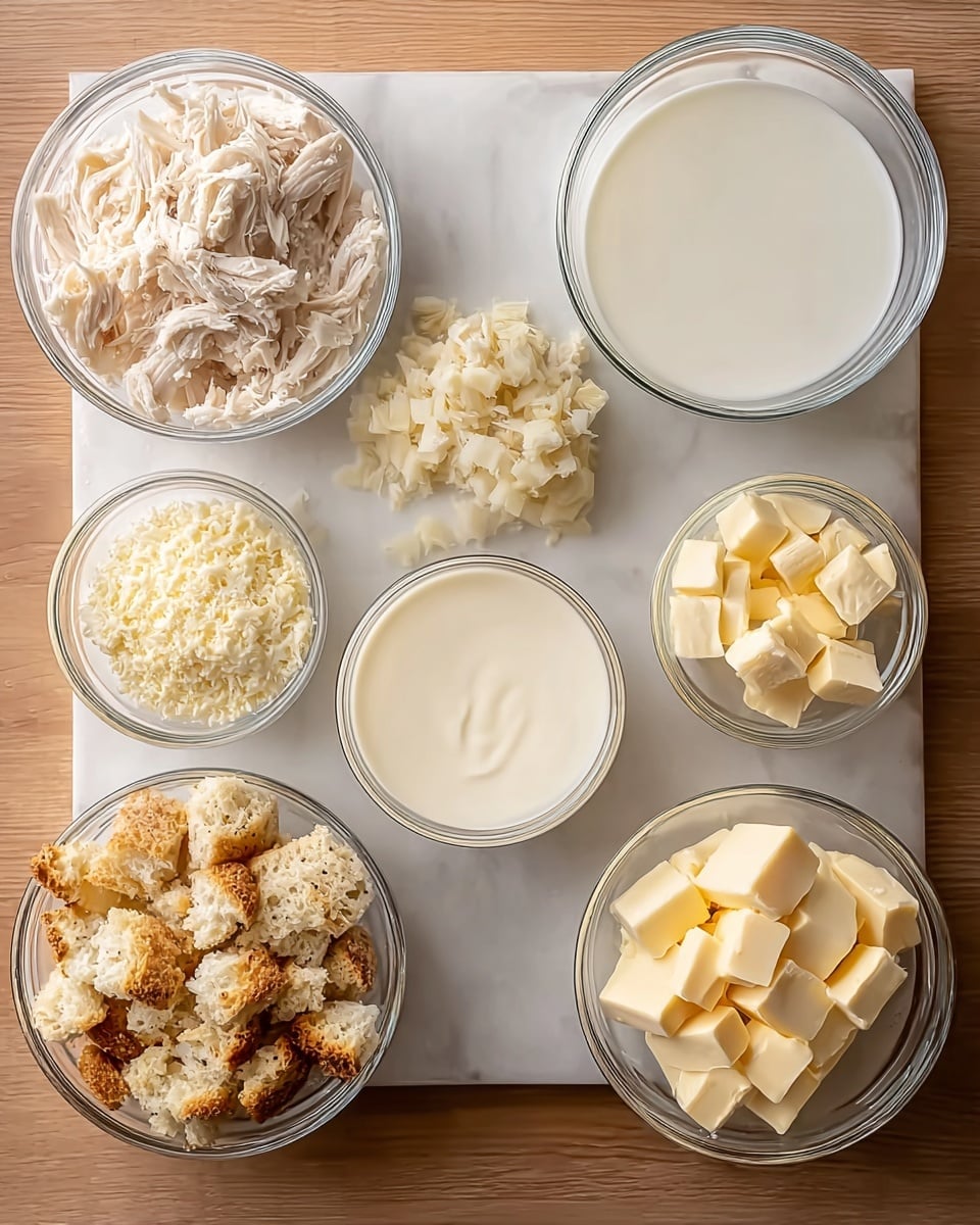The image shows eight glass and white bowls on a white marbled wooden surface arranged in a neat grid. The top row has a white bowl full of white shredded chicken on the left, a glass bowl with white shredded chicken in the middle, and a glass bowl filled with white liquid on the right. Below these, in the center, there is a glass bowl with smooth white sauce. To the right is a small pile of pale yellow butter chunks. The bottom row has two glass bowls with toasted, crumbled bread stuffing showing golden brown and white colors, with different amounts in each bowl. Lastly, there is a glass bowl with pale yellow butter cubes on the right. The lighting is even, showing all textures clearly. Photo taken with an iphone --ar 4:5 --v 7