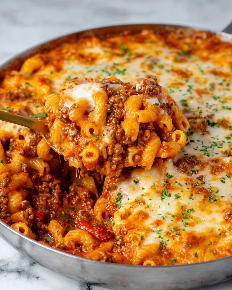The dish is a baked pasta in a round silver pan, showing three main layers. The bottom layer is rich and chunky with brown cooked ground meat mixed with red tomato sauce and some visible tomato pieces. The middle layer is made of curly pasta, coated well with the orange-red sauce, mixing with the meat. The top layer is golden melted cheese with white and yellow shades, sprinkled with small green herb bits. A gold spoon is scooping out some pasta from the right side, revealing the layers inside. The pan is placed on a white marbled surface. Photo taken with an iphone --ar 4:5 --v 7