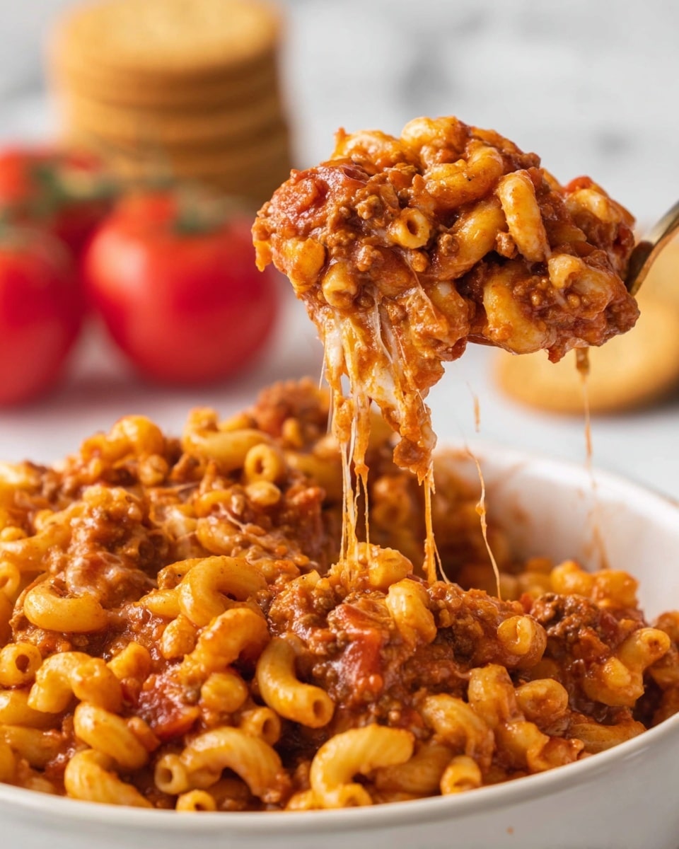 A close-up view shows a white bowl filled with three layers of macaroni pasta mixed with a rich, reddish-orange meat sauce. The first layer at the bottom has small elbow-shaped pasta coated thickly in a chunky tomato sauce with visible bits of ground meat. The middle layer is thicker with more sauce and melted cheese strings stretching as a woman's hand lifts a portion. The top layer features a glossy and dense mix of pasta coated in the same sauce with melted cheese visible on the edges. In the background, fresh red tomatoes and a stack of cookies are blurred against a white marbled surface. Photo taken with an iphone --ar 4:5 --v 7