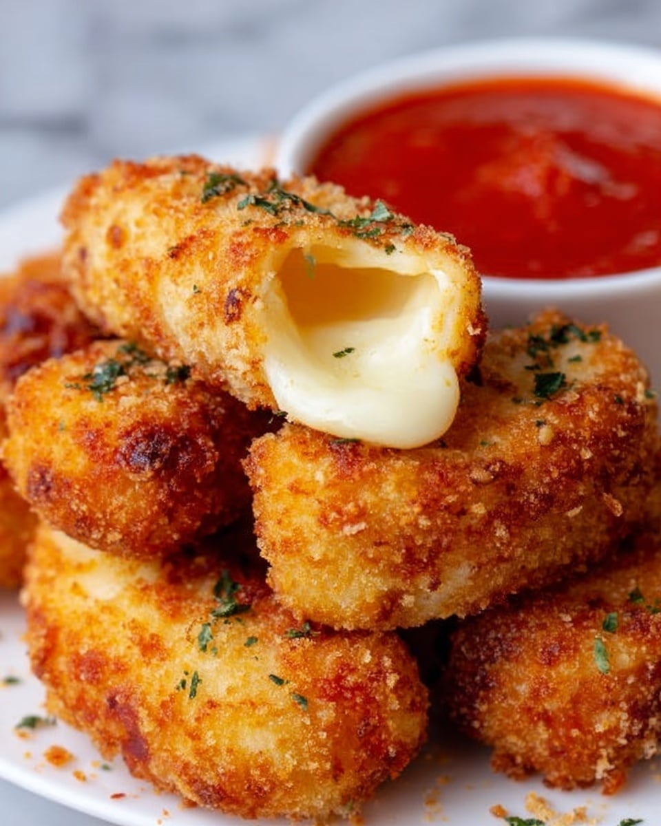 The image shows a close-up of crispy golden brown fried rings stacked together on a white plate, each ring coated with a crunchy, textured breading. One ring is broken open, revealing a soft, melted white cheese oozing out from the middle, contrasting with the crunchy outside. In the background, there is a white bowl filled with thick, red dipping sauce that has a smooth texture and a rich color. The plate and bowl rest on a white marbled surface, adding a clean and bright look to the presentation. Photo taken with an iphone --ar 4:5 --v 7