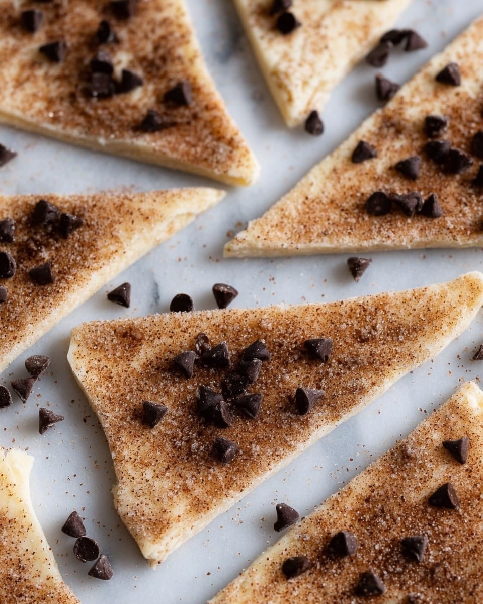 The image shows several pieces of triangular dough spread on a white marbled surface. Each triangle is lightly covered with a layer of brown cinnamon sugar, giving a powdery texture on top. Scattered over the cinnamon sugar are small, dark chocolate chips, adding contrast with their shiny, rounded shapes. The edges of the dough are rough and uneven, reflecting a soft, uncooked texture. The triangles are arranged in a loose, scattered pattern, with some corners overlapping slightly. Photo taken with an iphone --ar 4:5 --v 7