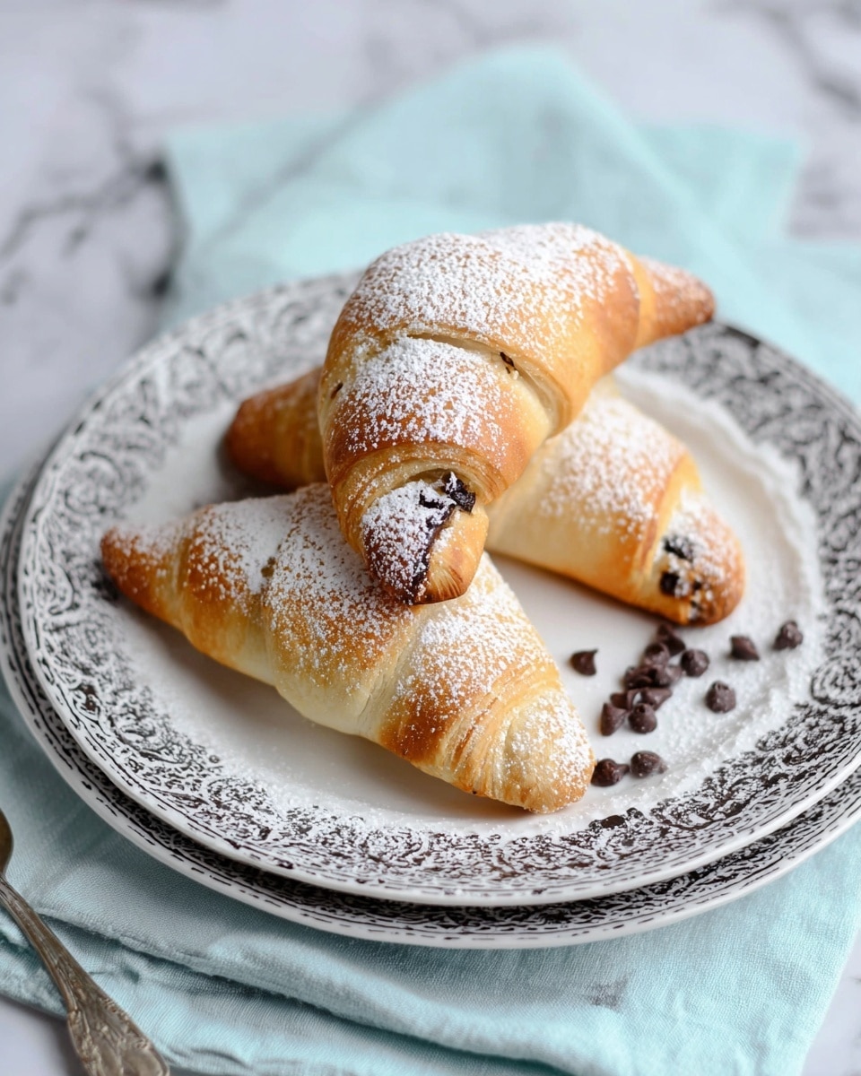 Three crescent-shaped pastries with a golden brown color are stacked on a white plate with a detailed black pattern around the edge. Each pastry is dusted with a light white powdered sugar, and some small dark chocolate chips peek out from the dough ends. A few chocolate chips are scattered on the plate near the pastries. The plate is on top of another similar patterned white plate, both resting on a soft light blue cloth on a white marbled surface. Photo taken with an iphone --ar 4:5 --v 7