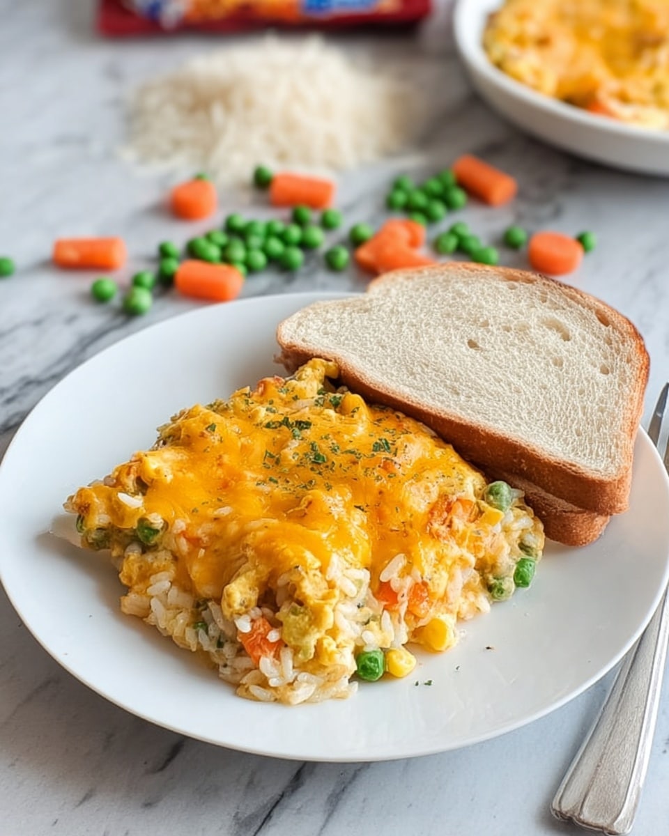 The image shows a white plate with a dish that has two main parts. The larger part is a square-shaped baked casserole with a yellow-orange melted cheese layer on top, underneath which you can see bits of white rice mixed with small pieces of green peas and orange carrots. Next to the casserole is a slice of light brown bread with a soft texture. The plate is placed on a surface that looks like white marble with a fork beside the plate on the right side. Scattered in the background are loose green peas and orange carrot pieces along with a small pile of white rice. photo taken with an iphone --ar 4:5 --v 7