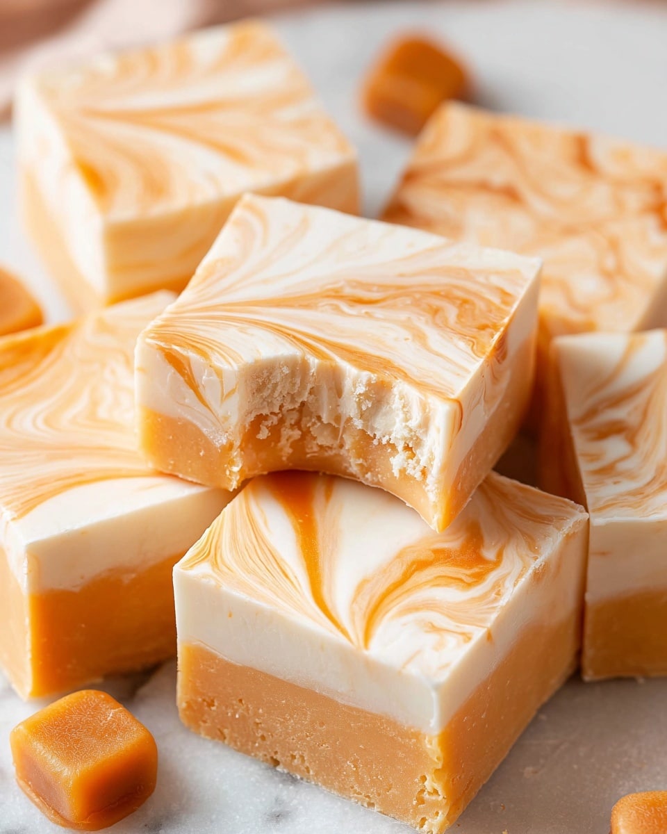 The image shows several square pieces of fudge with a smooth texture and swirls of white and light caramel orange colors on the top and sides. Each piece has about three thick layers, with the base mostly white and the caramel orange swirled evenly around the top layer, creating a marbled pattern. One fudge piece is slightly bitten, revealing a soft inner texture with visible layers of white and caramel orange inside. The fudge pieces rest on a white marbled surface, with a few small caramel candies partially visible in the background. photo taken with an iphone --ar 4:5 --v 7