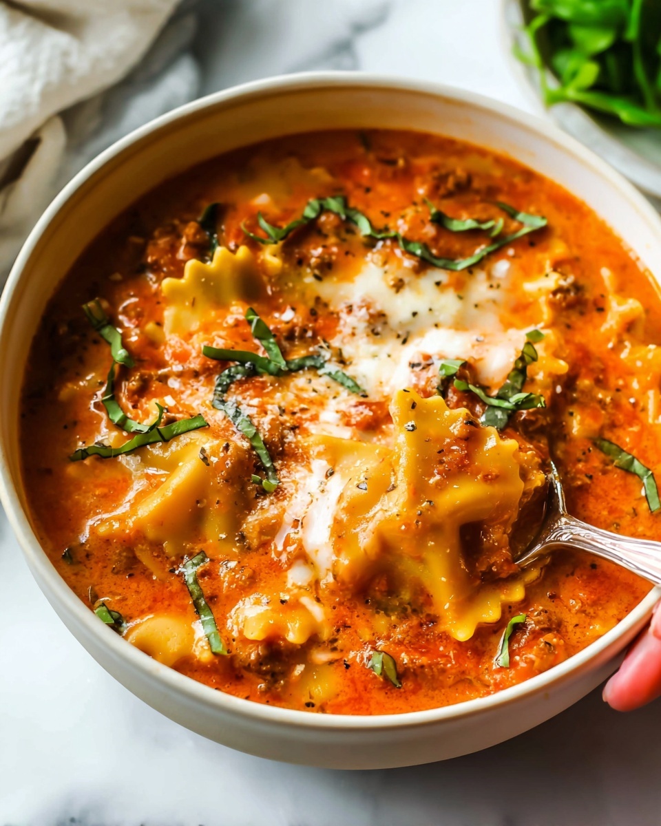 A white bowl filled with a creamy tomato-based lasagna soup showing visible layers: soft, wavy-edged lasagna noodles in a rich orange-red sauce, chunks of melted white cheese, and bits of browned ground meat, topped with thin strips of fresh green basil scattered over the surface. A silver spoon is partially submerged in the soup, held by a woman's hand at the right edge of the bowl. The bowl is placed on a white marbled surface with some greens blurred in the background. Photo taken with an iphone --ar 4:5 --v 7