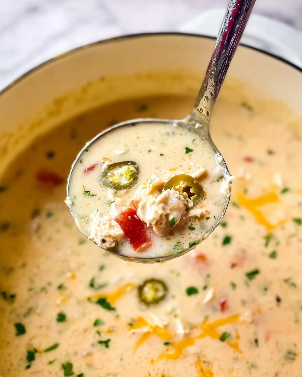 Spicy Jalapeño Popper Soup with Grilled Cheese Dippers Recipe 5 A close-up view of a white pot filled with creamy soup with a thick texture, lifted by a metal ladle covered in soup. The soup is light beige with visible small chunks of white meat, yellow melted cheese, green slices of jalapeño, small pieces of red tomato, and sprinkled green herbs. The background is a soft white marbled surface. Photo taken with an iphone --ar 4:5 --v 7