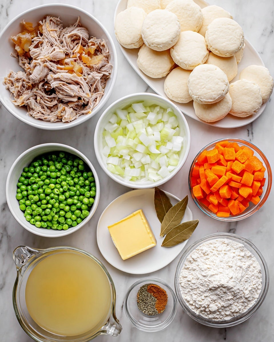The image shows several white bowls and clear glass containers arranged on a white marbled surface. One white bowl holds cooked shredded meat with brown and white tones, another has chopped white onions, and another contains bright green peas. There is a bowl of sliced light green celery and a bowl of sliced orange carrots. A small white bowl has minced garlic and brown dried herbs. Two dried bay leaves lie next to a clear glass bowl holding a square of yellow butter. A medium white plate displays round pale biscuit dough pieces arranged in a circle. There is also a clear glass cup filled with light yellow broth and a larger clear glass measuring cup with a white liquid. Finally, a small clear glass bowl contains white flour. photo taken with an iphone --ar 4:5 --v 7