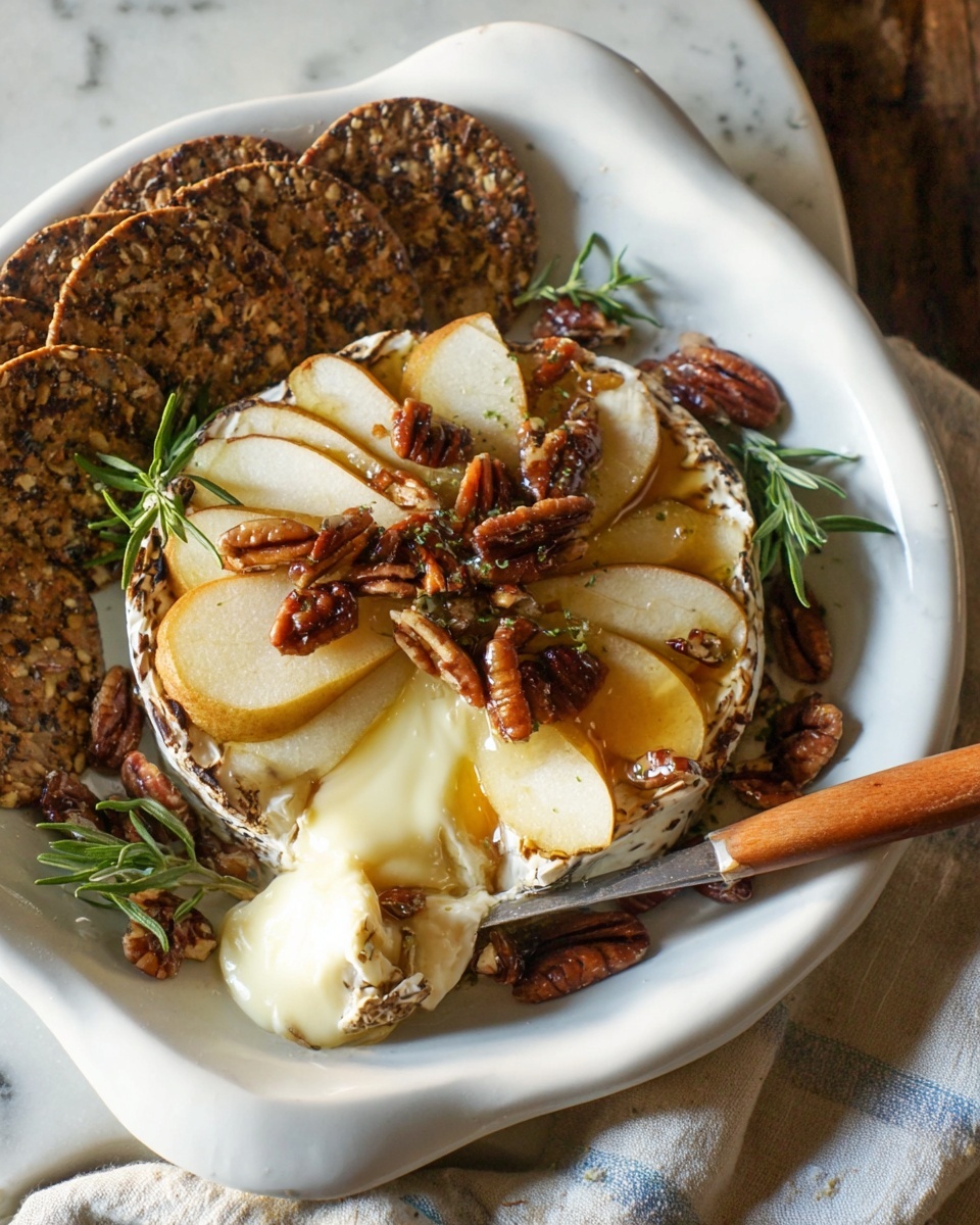The image shows a white ceramic dish filled with a soft, melted cheese spread in the center, topped with thin slices of pear arranged in a slightly fanned-out stack. Scattered on the cheese and pear are whole and broken pecan nuts with a glossy shine, and a light drizzle of honey or syrup adds a sticky golden layer over the top. Surrounding the cheese are two types of crackers: one with a dark brown color dotted with oats and seeds, and another lighter, round, and speckled with grains. A wooden-handled knife is inserted into the melted cheese, scooping out a creamy portion. Small sprigs of fresh green rosemary garnish the plate. The dish is placed on a white marbled surface with part of a cloth napkin visible underneath. photo taken with an iphone --ar 4:5 --v 7