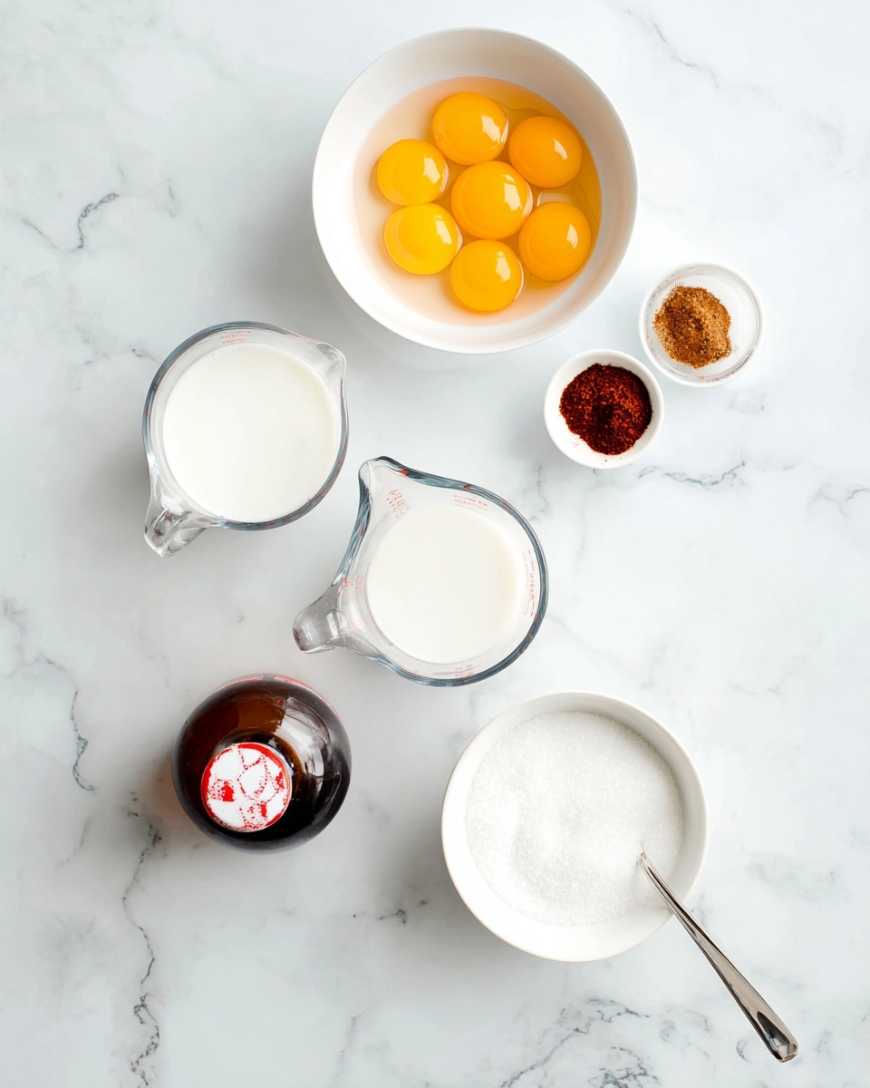 The image shows six items arranged on a white marbled surface: in the top left, a white bowl with six bright yellow egg yolks inside; to the right, two small white bowls with red and brown spices; below these bowls, two clear glass measuring cups filled with white liquids, one slightly larger and placed closer; at the bottom left, a brown glass bottle with a red and white cap; and at the bottom right, a white bowl filled with white granulated sugar with a silver spoon resting in it. The setup is bright and clean, evenly lit, and arranged in a loose cluster. photo taken with an iphone --ar 4:5 --v 7