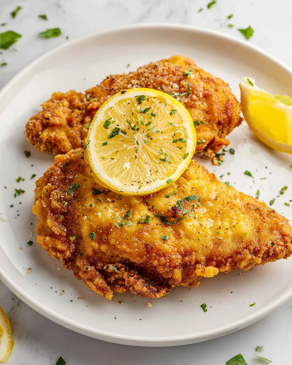 The image shows two pieces of crispy golden-brown fried chicken placed on a white round plate. One piece is larger and positioned at the bottom right, while the other smaller piece is partially visible on the left. On top of the left piece, there is a thick slice of bright yellow lemon with green herb bits sprinkled over both the chicken and lemon. The fried chicken has a textured, crunchy appearance with small specks of black pepper and herbs. The plate sits on a white marbled surface with scattered green herb pieces and lemon slices visible at the bottom right. photo taken with an iphone --ar 4:5 --v 7