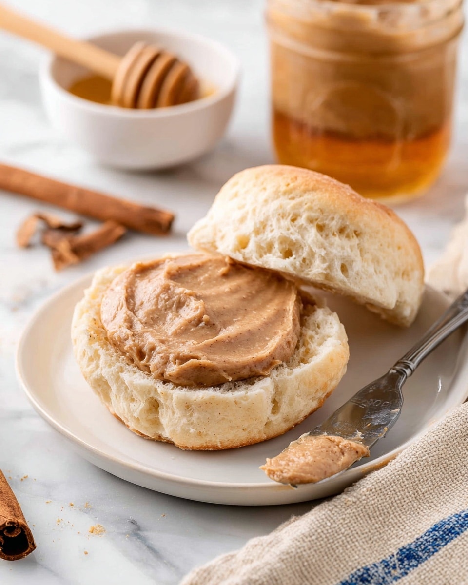 The image shows a split biscuit on a white plate, with the bottom half spread thickly with a smooth, light brown cinnamon butter. The top half of the biscuit sits open behind it, revealing a soft, fluffy inside with a golden outer crust. Beside the biscuit, there is a butter knife with some cinnamon butter on its tip resting on the plate. In the background, there is a mason jar filled with more cinnamon butter, a white bowl holding honey with a wooden honey dipper on top, and a cinnamon stick on the white marbled surface. A beige towel with blue stripes is partially visible at the bottom right corner. Photo taken with an iphone --ar 4:5 --v 7