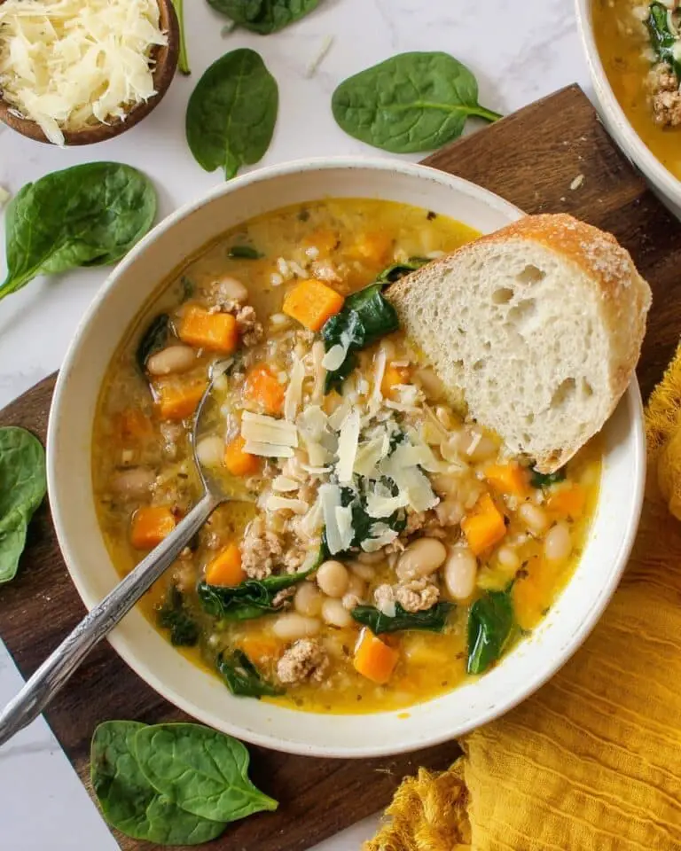 Butternut Squash Sausage and White Beans Soup with Spinach and Orzo Recipe