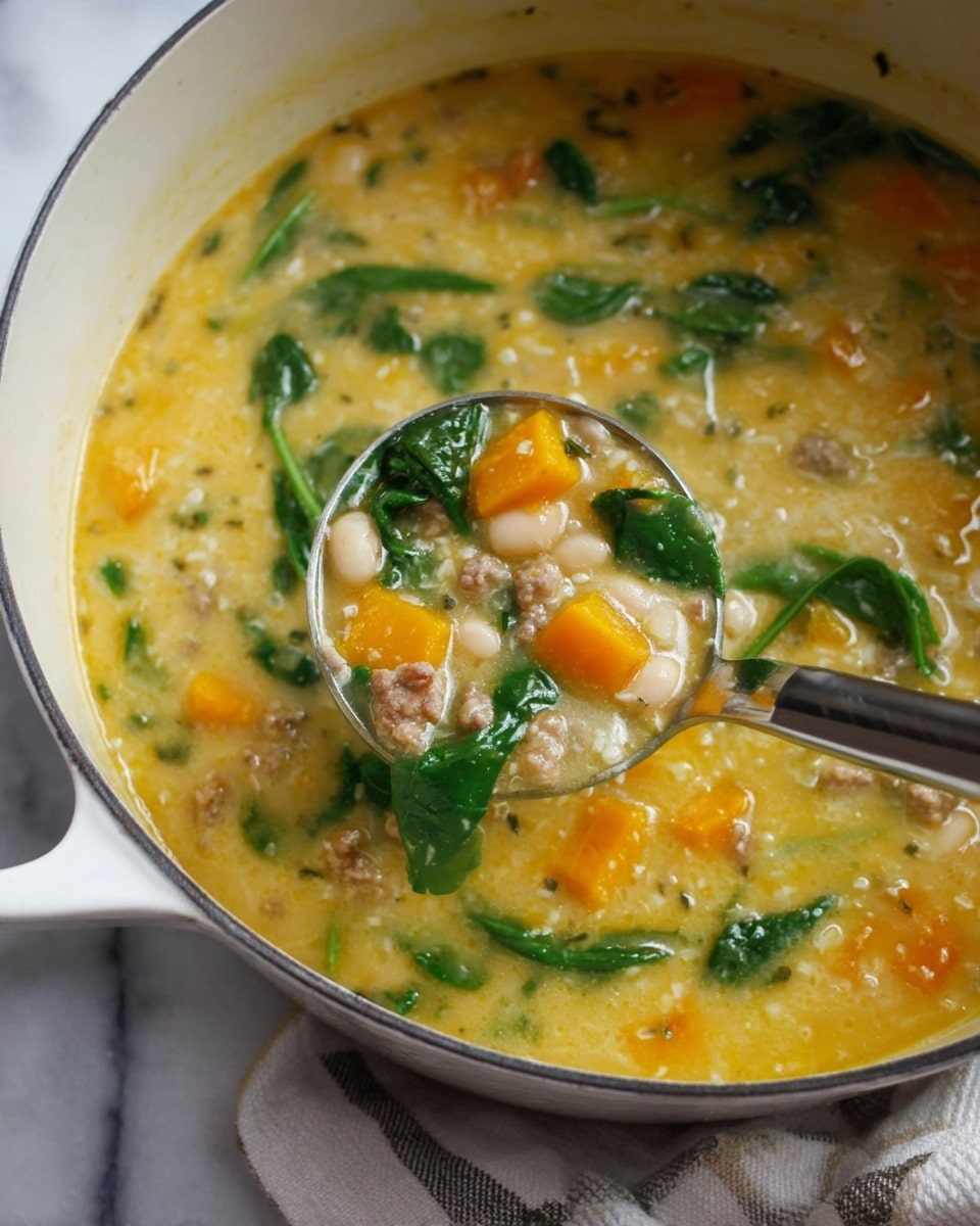A close-up view of a creamy yellow soup in a white pot, showing visible layers of diced orange squash, bright green spinach leaves, small white beans, and bits of light brown meat mixed throughout the thick broth. A silver ladle dips into the soup, lifting a spoonful that clearly shows the vivid green spinach and orange squash pieces. The pot sits on a white marbled surface with a checkered cloth partially underneath, giving a cozy feel to the scene. Photo taken with an iphone --ar 4:5 --v 7