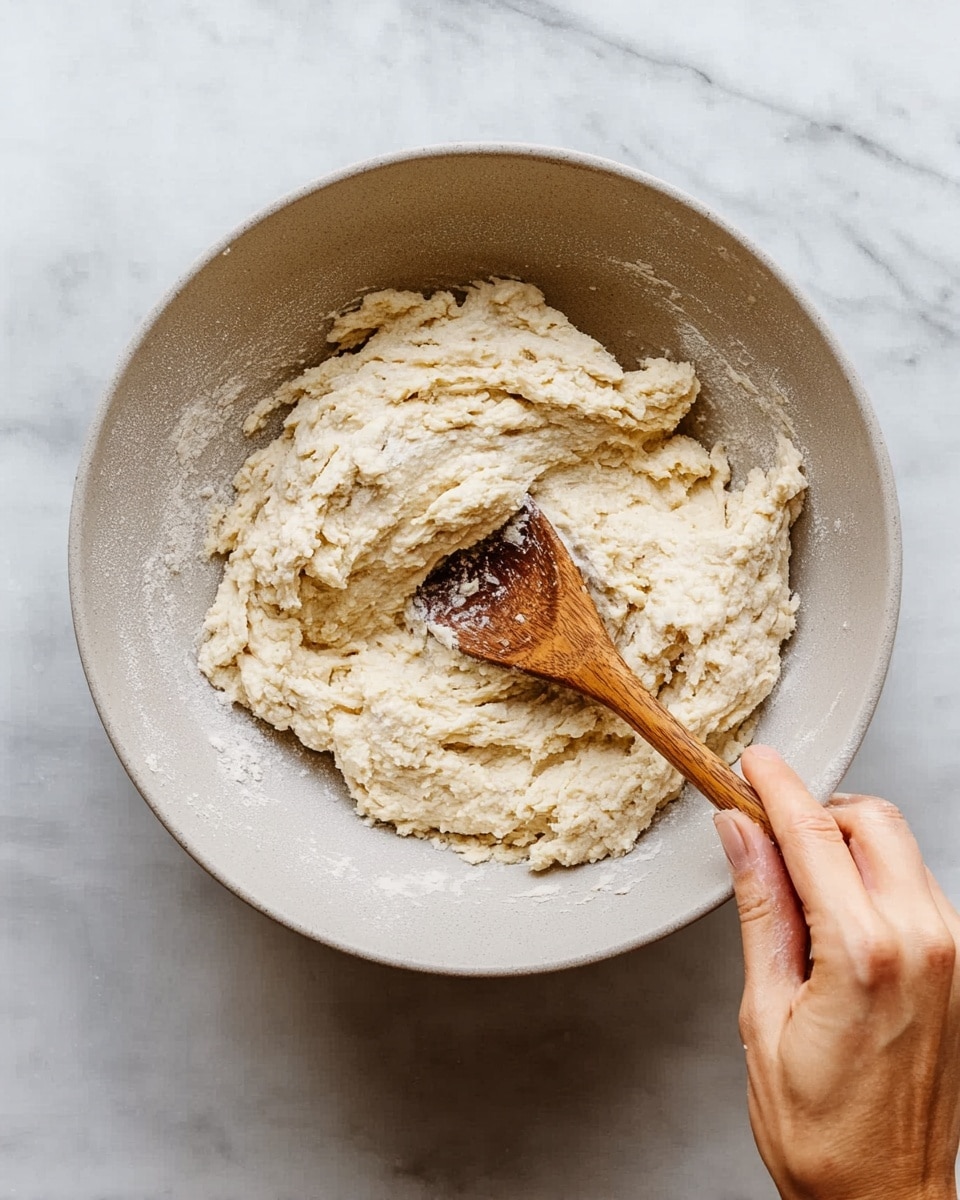 A close-up top view shows a large white bowl with light beige dough inside. The dough looks soft and sticky, unevenly mixed with rough and smooth textures visible. A wooden spoon rests inside the dough, with part of its edge covered by dough. A woman's hand is holding the handle of the spoon, stirring gently. The bowl sits on a white marbled surface with soft natural light shining on it, creating slight shadows around the bowl. photo taken with an iphone --ar 4:5 --v 7