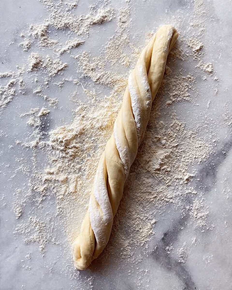 In the image, a single twisted dough stick rests on a white marbled surface dusted with scattered flour. The dough is light beige with a soft, slightly shiny texture showing the folds from twisting. Flour is spread unevenly around the dough, creating a powdery contrast against the smooth dough and marbled surface. The dough is long and slender, positioned in the center of the image, emphasizing its spiral shape. Photo taken with an iphone --ar 4:5 --v 7
