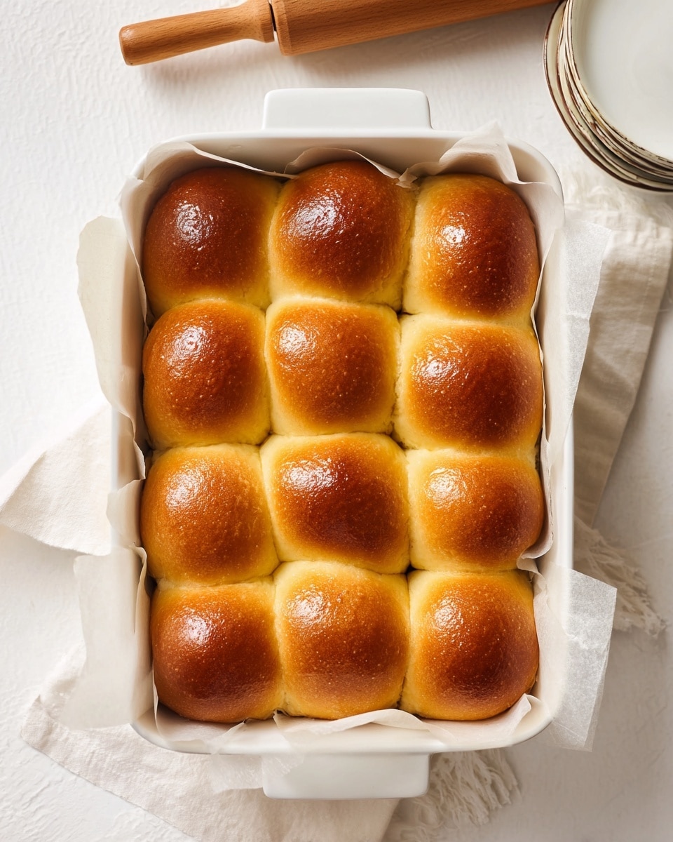 A white baking dish lined with parchment paper contains twelve shiny, golden brown dinner rolls arranged neatly in a 3x4 grid. The rolls have a smooth, glossy surface with a soft, fluffy texture visible at the edges where they touch each other. The baking dish sits on a white marbled textured surface with a wooden rolling pin nearby and a few stacked white plates partially visible on the side. photo taken with an iphone --ar 4:5 --v 7