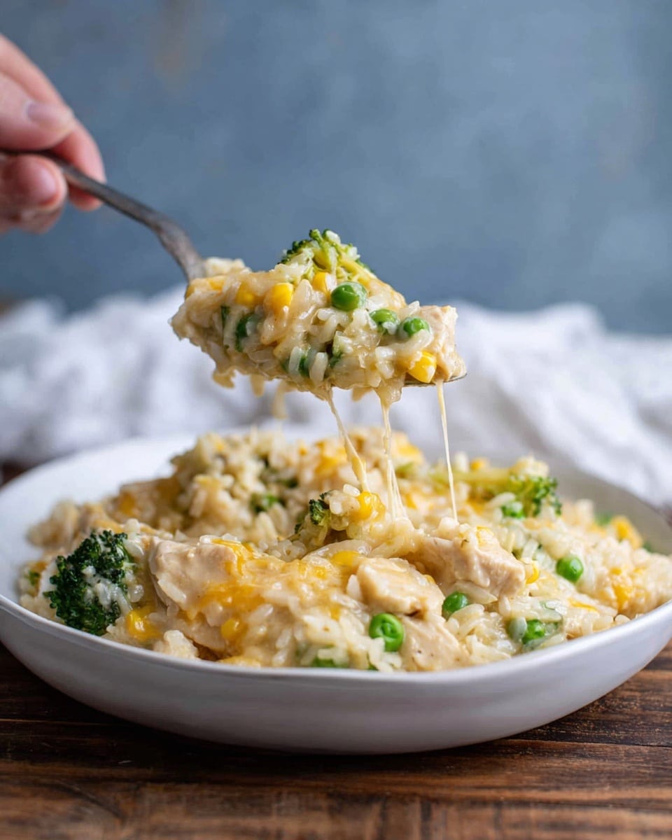 This image shows a close-up of a white plate filled with creamy rice mixed with small pieces of cooked chicken, bright green peas, broccoli florets, and yellow corn. The rice looks soft and cheesy with strands of melted cheese stretching from the spoon to the plate. The spoon, held by a woman’s hand, is lifting a serving that shows a mix of chicken pieces and vegetables covered in melted cheese sauce. The plate sits on a wooden surface with a blurred white cloth and soft blue background behind. photo taken with an iphone --ar 4:5 --v 7