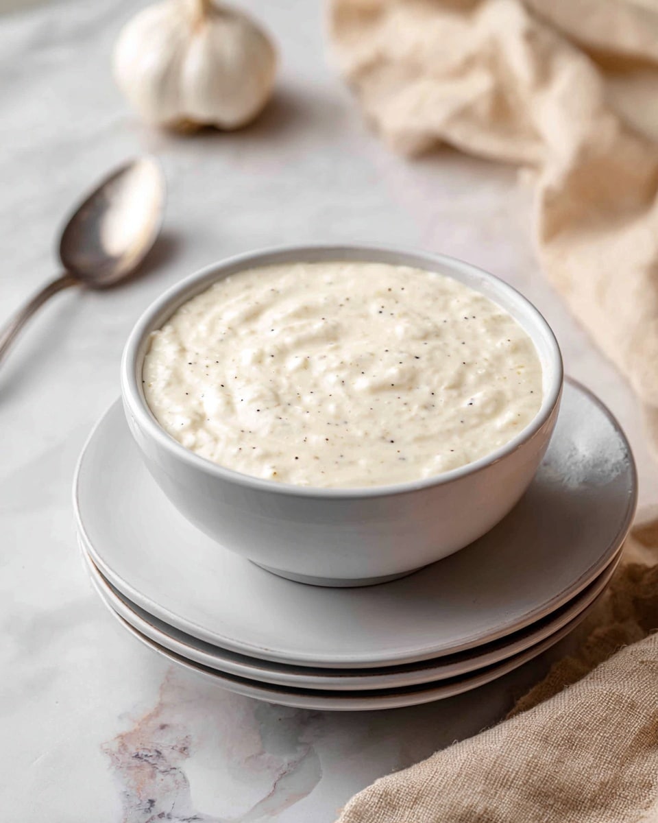 A white bowl filled with a thick, creamy white sauce that has small lumps and tiny black specks mixed throughout, giving it a textured look; the bowl sits on top of two stacked white plates on a surface with a white marbled texture. In the background, there is a beige cloth and a garlic bulb partially visible on the side, with a silver spoon resting beside the bowl. Photo taken with an iphone --ar 4:5 --v 7