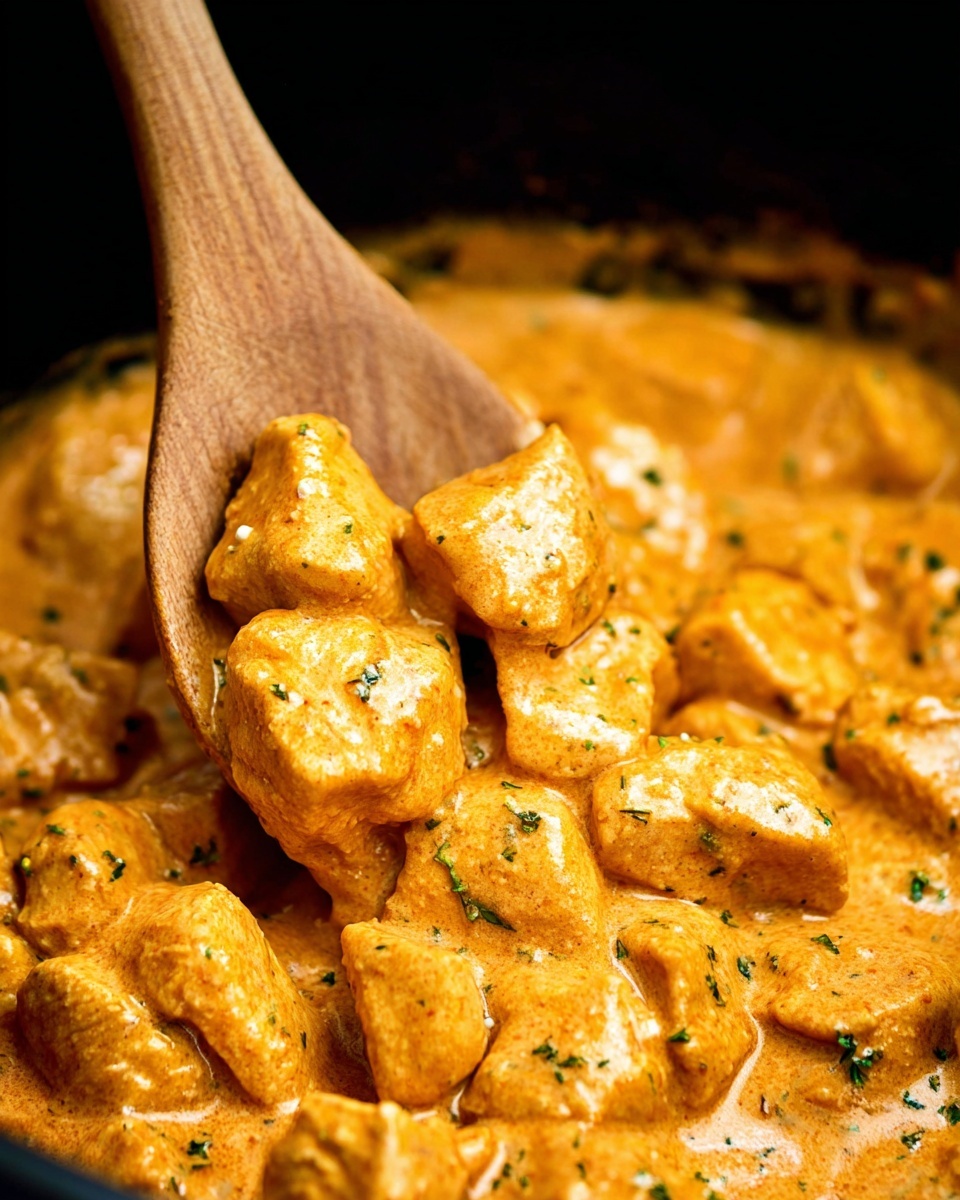 The image shows a close-up of many pieces of light orange cooked chicken covered in a creamy orange sauce with small green herb bits scattered on top. A wooden spoon is lifting some chicken pieces, showing thick, smooth sauce all over the chunks. The sauce looks rich and has a slightly shiny texture. The background is dark, creating focus on the bright orange chicken and sauce. Photo taken with an iphone --ar 4:5 --v 7