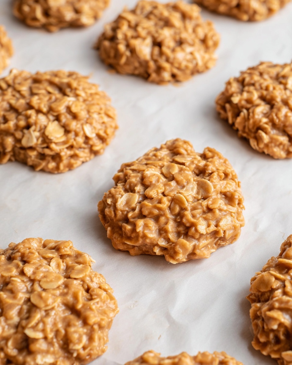 The image shows several round, thick cookies with a rough and chunky texture, made of oats and a light brown dough. The cookies are placed directly on a white marbled surface with visible parchment paper underneath. Each cookie has an uneven, natural shape with visible oats throughout, giving them a homemade look. The cookies are arranged loosely in rows, filling the frame with a soft focus on those farther away. The lighting is bright, enhancing the warm color and texture of the cookies. photo taken with an iphone --ar 4:5 --v 7