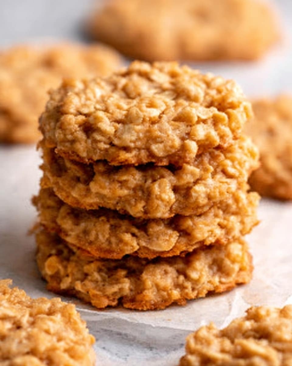 A close-up view of a stack of four soft oatmeal cookies with a rough, bumpy texture, light brown in color with visible oats throughout, sitting on a white parchment paper over a white marbled surface. Around the stack, there are more cookies spread out, slightly blurred in the background, giving a cozy and warm feeling. The lighting softly highlights the cookies' texture and edges, making them look fresh and chewy. Photo taken with an iphone --ar 4:5 --v 7