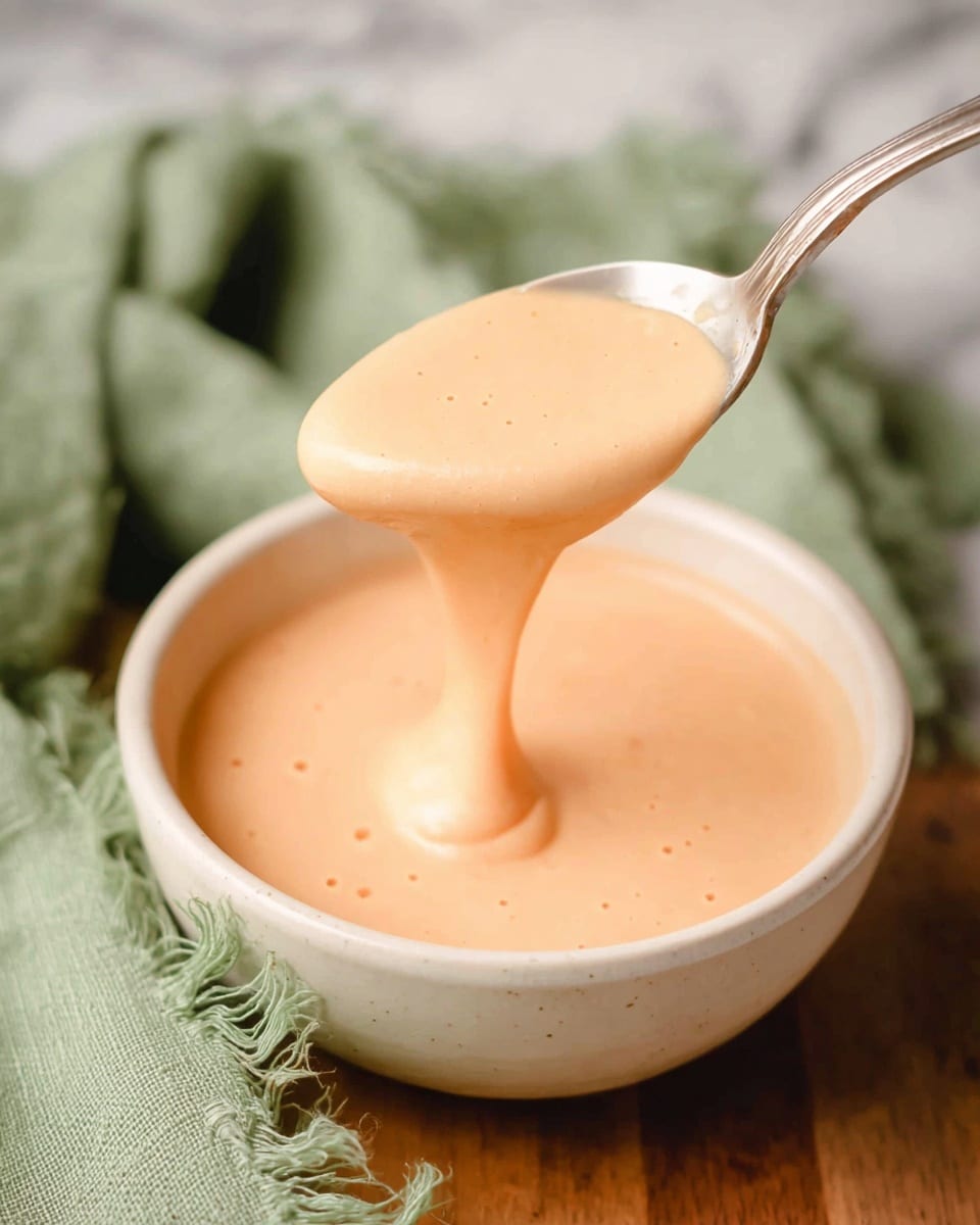 A close-up view of a small white bowl filled with a light peach-colored creamy sauce that has a smooth and slightly thick texture. A silver spoon lifts some of the sauce above the bowl, showing the sauce slowly dripping back down with a bit of foam on the surface. The bowl sits on a wooden surface, and a soft green cloth with frayed edges is placed nearby against a white marbled background. Photo taken with an iphone --ar 4:5 --v 7