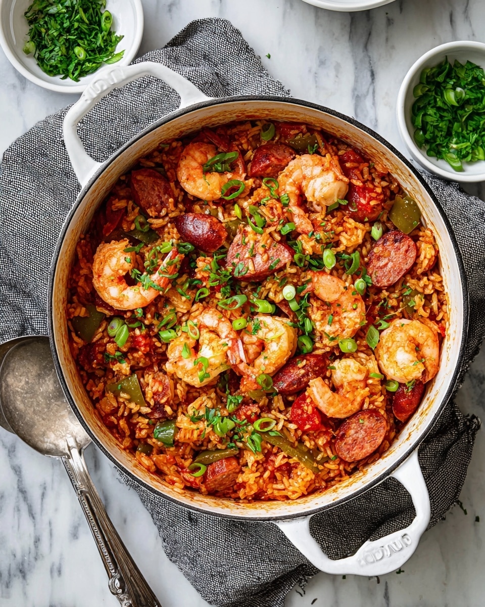 A white pot filled with a colorful dish showing three main layers: the base layer is soft rice mixed with red sauce; scattered on top are chunks of browned chicken and round slices of red sausage; large pink cooked shrimp sit on the surface along with pieces of green bell pepper and onion, all sprinkled with bright green chopped herbs and sliced green onions. The pot sits on a white marbled surface with a grey cloth underneath, nearby are white bowls with more chopped green herbs. Photo taken with an iphone --ar 4:5 --v 7