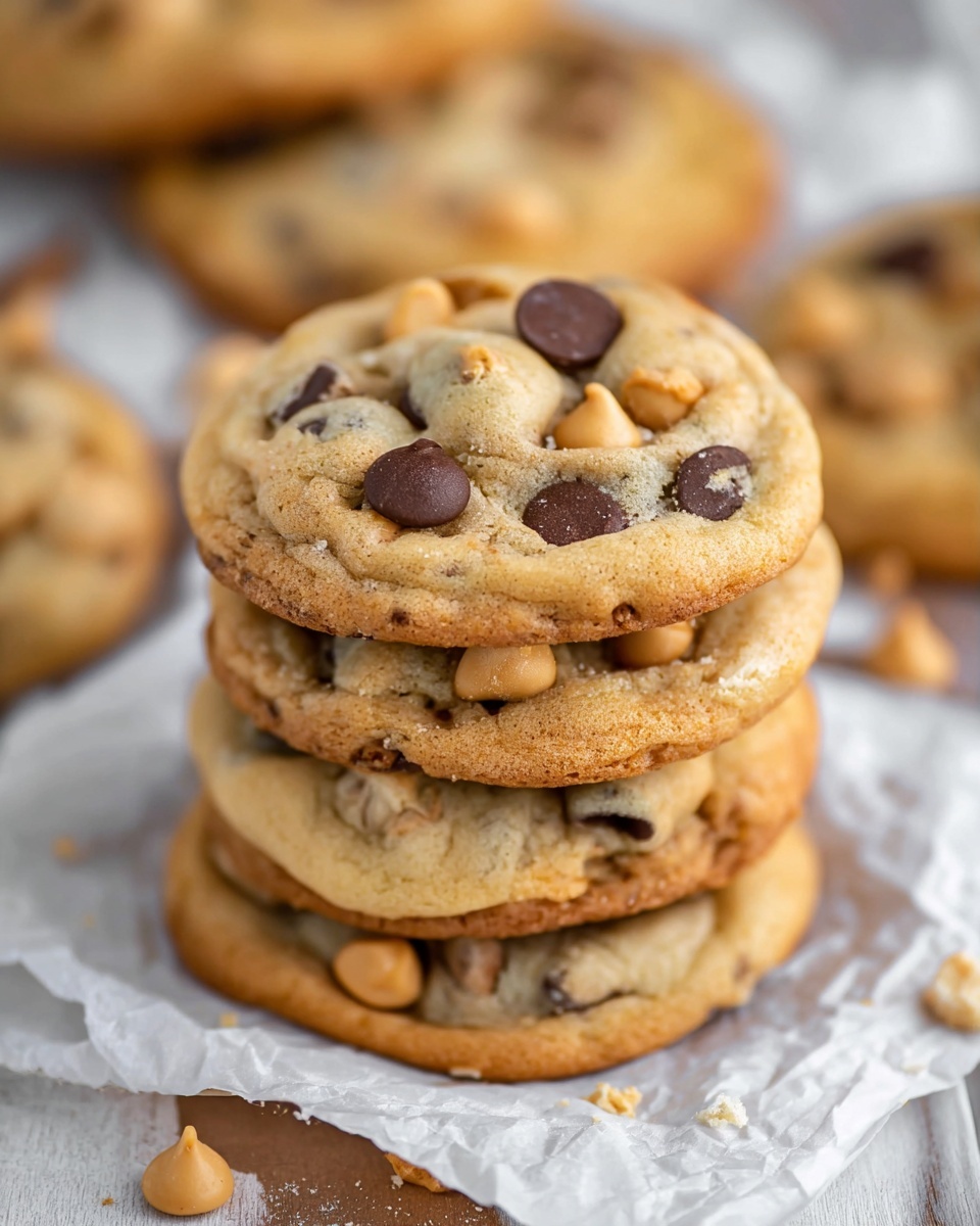 A stack of five round cookies sits centered on a piece of white parchment paper, which is placed on top of a white marbled surface. Each cookie is golden brown with a slightly crispy edge and soft texture, filled with two types of chips: dark brown chocolate chips and creamy light tan butterscotch chips, evenly spread across the top and throughout each cookie. The cookies look thick and chewy with a slight rise, and a few chips are slightly melted. The background is blurred but hints at more cookies in soft focus. Photo taken with an iphone --ar 4:5 --v 7