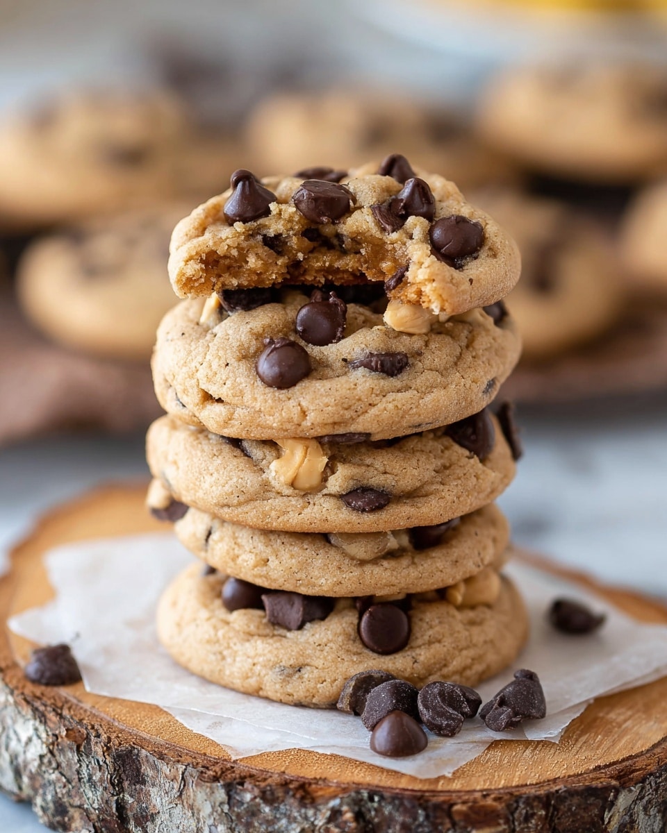 A stack of five cookies sits on a piece of white parchment paper on top of a rough wooden log base. Each cookie is thick with a golden-brown color and dotted with light tan peanut butter chips and melted dark chocolate chips throughout. The top cookie has a bite taken from it, showing a soft, chewy inside with chocolate chips inside and on top. The texture of the cookies is slightly bumpy with chips, and the edges are gently browned. The background is a white marbled texture. photo taken with an iphone --ar 4:5 --v 7