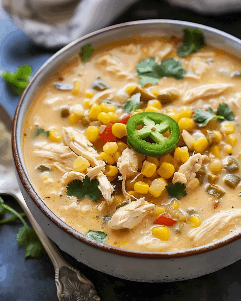 Creamy Slow Cooker White Chicken Chili with Sweet Corn and Pepper Jack