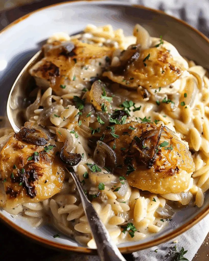 Slow Cooker French Onion Chicken with Creamy Orzo