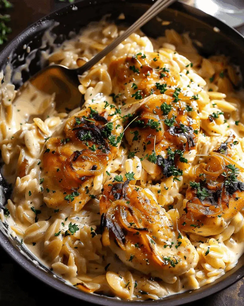 Slow Cooker French Onion Chicken with Creamy Orzo