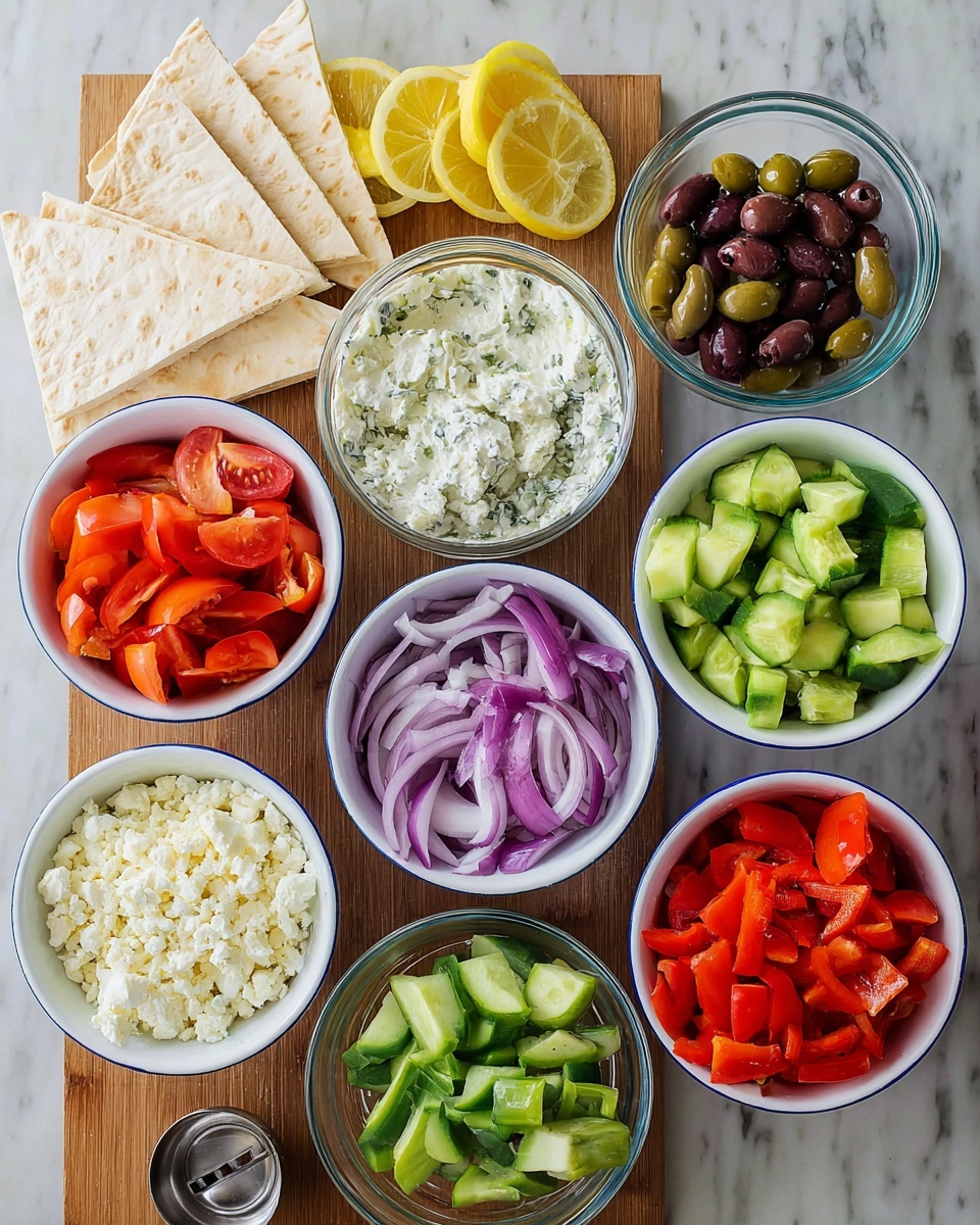 There are eight containers arranged on a white marbled surface. Five white bowls with blue rims hold fresh chopped vegetables: bright red tomato wedges, light green sliced cucumbers, light green chopped avocado pieces, bright red chopped bell peppers, and thin slices of purple and white onion. A clear glass bowl contains a white creamy sauce with green herbs mixed in. Another clear glass bowl holds dark brown and black sliced olives. A silver measuring cup is filled with crumbly white cheese. To the left, there are several white tortilla triangles and lemon wedges fanned out beside them. Photo taken with an iphone --ar 4:5 --v 7