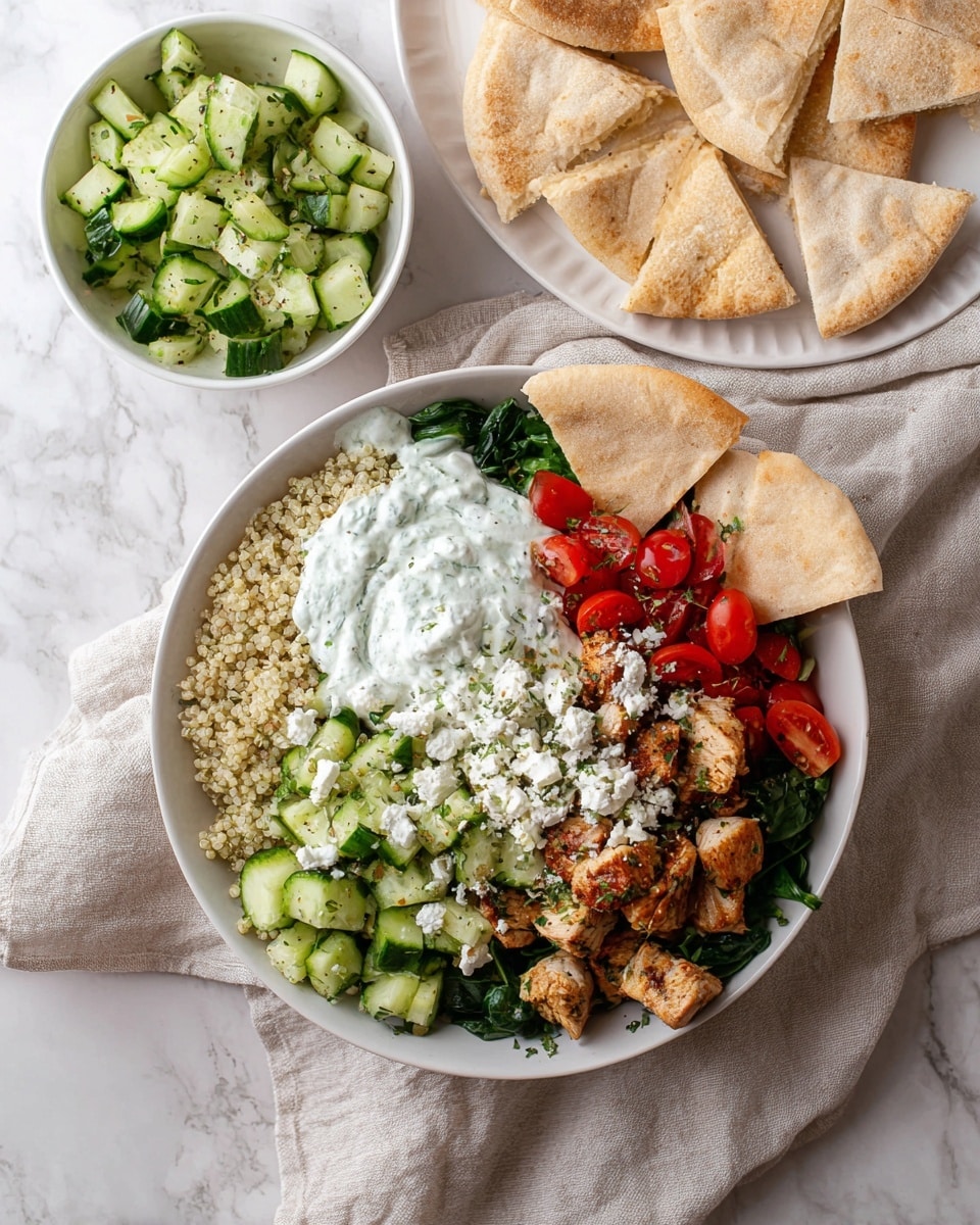 A white bowl holds a layered dish starting with a base of light beige quinoa, topped with dark green spinach pieces, followed by browned chunks of cooked chicken scattered around. Bright red cherry tomato halves and green diced cucumbers add color on top, along with white crumbled feta cheese. A pile of creamy white tzatziki sauce with visible green herbs is placed near the center, along with two white pita triangles tucked into the bowl’s edge. To the top right, a white plate with round pita triangles arranged in a circle surrounds a small bowl of the same creamy tzatziki sauce. To the left, a separate white bowl contains bright green chopped cucumber pieces sprinkled with herbs. All dishes are placed on a soft beige cloth over a white marbled surface photo taken with an iphone --ar 4:5 --v 7