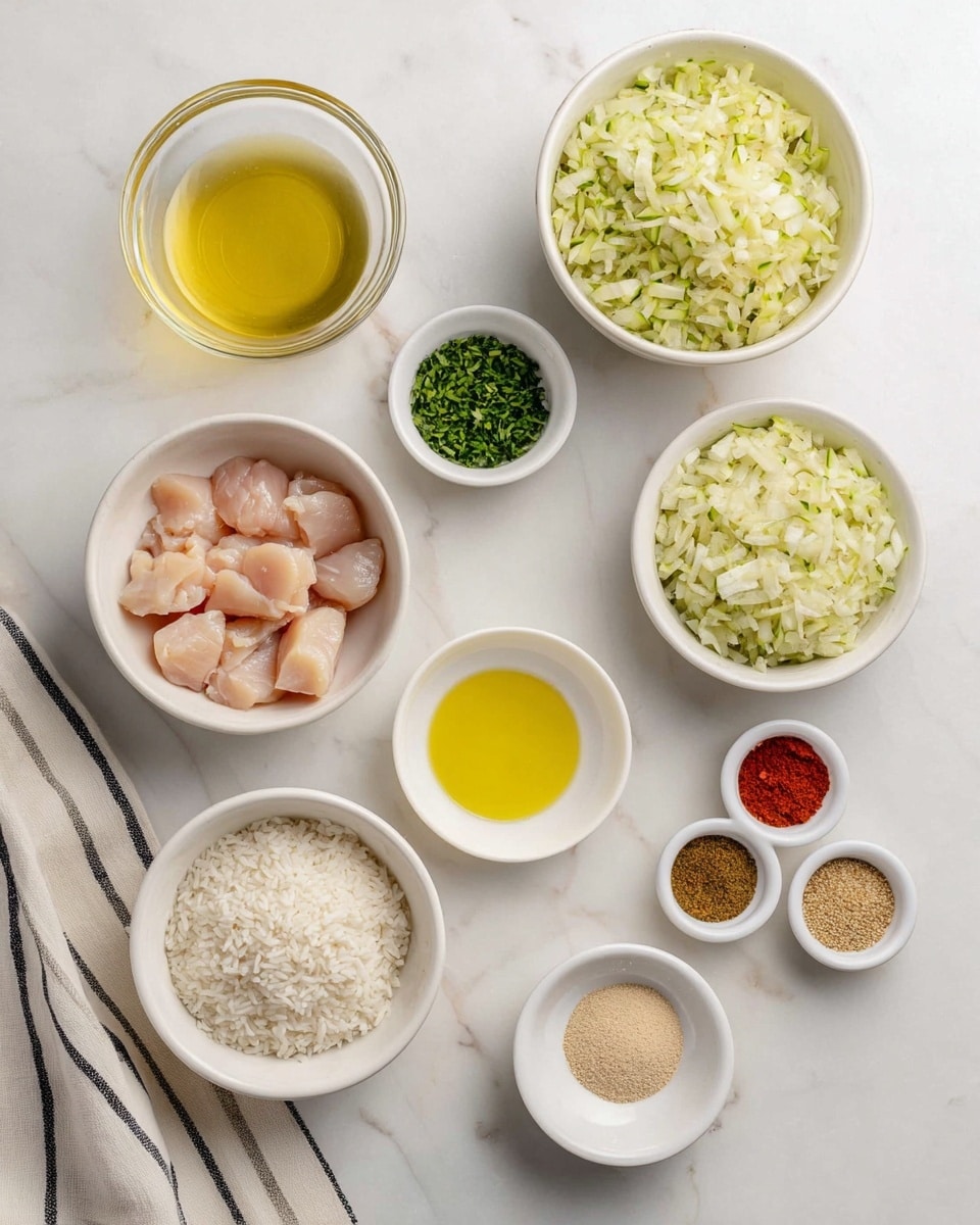 The image shows nine white bowls and clear glass bowls arranged on a white marbled surface. From top left to bottom right, the first clear glass bowl holds a pale yellow liquid, the second small white bowl contains chopped green herbs, the third larger white bowl is filled with shredded pale green squash, and next is a clear glass bowl with chunks of raw light pink chicken. Below, a small white bowl holds beige powder, beside it sits a small white bowl with bright yellow oil. There is a medium white bowl filled with raw white rice, and another white bowl containing more shredded pale green squash mixed with green herbs. Lastly, a slightly bigger white bowl shows six kinds of spices separated in six small piles including red, brown, beige, and white powders. A light-colored cloth with dark stripes peeks in from the bottom left corner. All items are placed neatly in a clean, well-lit setting. Photo taken with an iphone --ar 4:5 --v 7