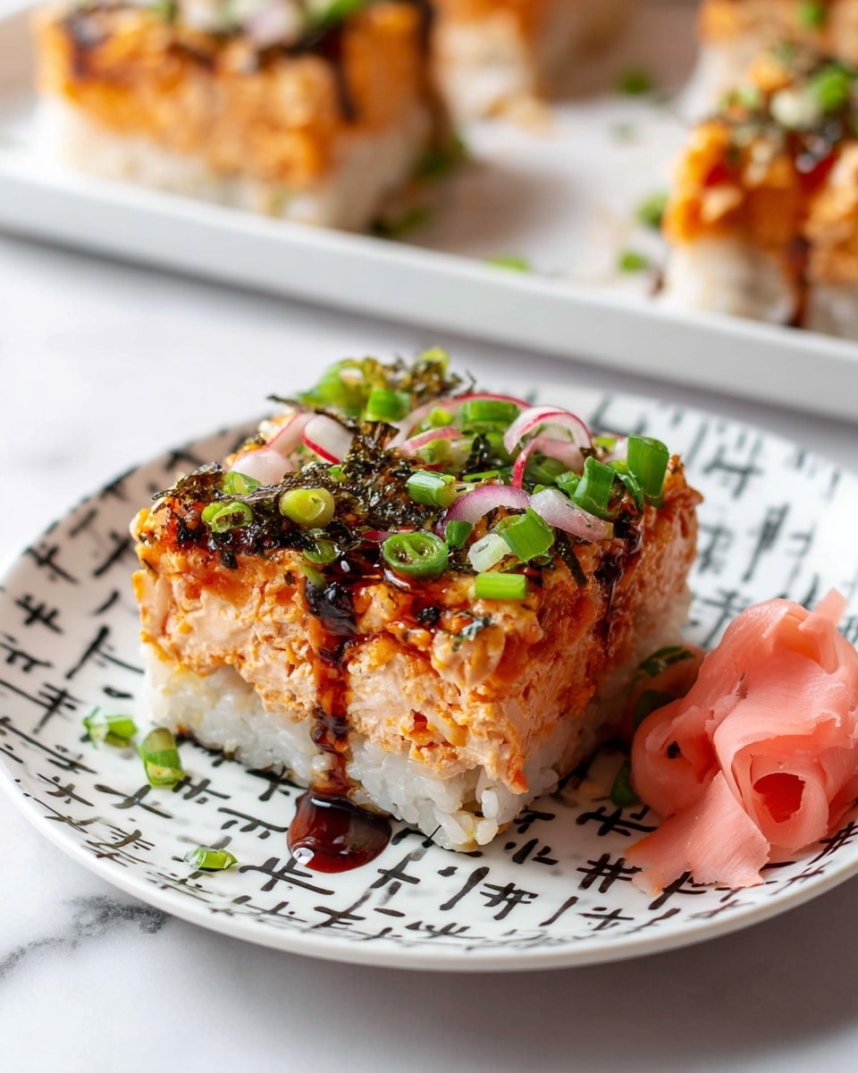 A square piece of sushi cake sits in the center of a white plate with black patterns on the border. The bottom layer is made of white rice with bits of seaweed visible. Above this is a thick layer of orange creamy topping, likely spicy salmon or similar, textured with small pieces visible. The top is decorated with chopped green onions, thin sliced radish, and small bits of seaweed. Dark brown sauce is drizzled over the sushi cake, creating a glossy look. To the right of the sushi cake is a small pile of light pink pickled ginger. The plate rests on a white marbled surface, with parts of other sushi cake pieces blurred in the background. photo taken with an iphone --ar 4:5 --v 7