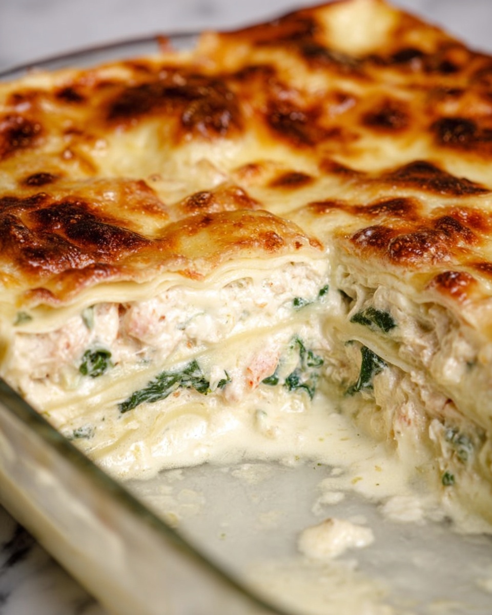 The image shows a close-up of a four-layer white lasagna in a clear glass baking dish. Each layer alternates between smooth, creamy white sauce mixed with green spinach pieces and light pasta sheets. The second layer includes some light pink shredded filling, likely cooked meat or seafood, mixed with the creamy sauce and spinach. The top layer is a golden brown melted cheese crust with some darker toasted spots. The dish rests on a white marbled surface, with a portion already missing, showing the moist textures inside. photo taken with an iphone --ar 4:5 --v 7