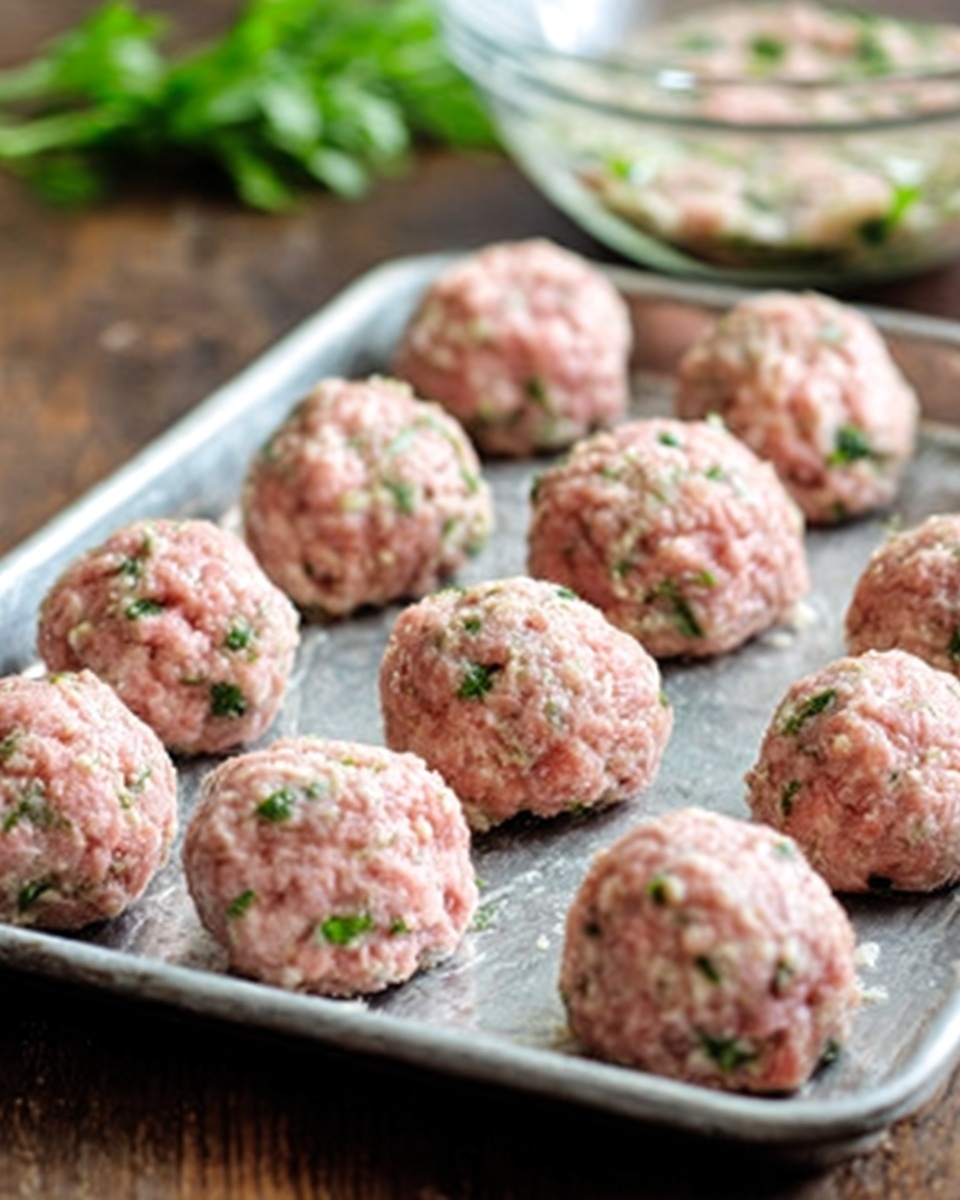 The image shows a baking tray filled with twelve uncooked meatballs arranged in three rows of four. Each meatball is round and textured, with a mix of light pink ground meat and green bits of herbs clearly visible throughout. The tray is silver and rests on a wooden surface, while the background includes a soft focus of a shallow clear bowl filled with more mixture. The colors mainly range from pale pink to green, with a fresh, raw look. photo taken with an iphone --ar 4:5 --v 7