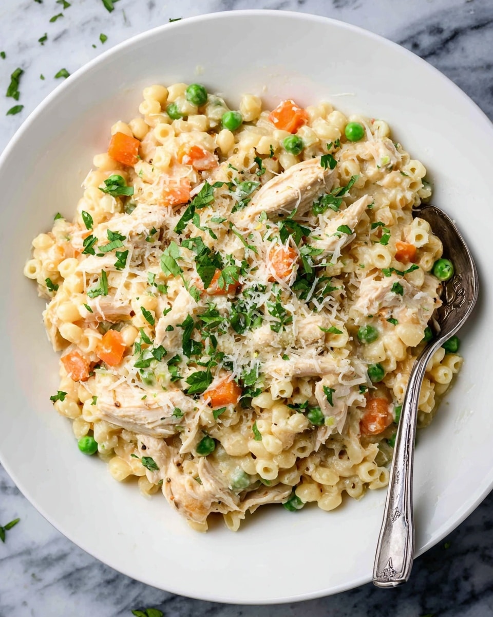 A white plate holds a creamy pasta dish with small pasta pieces mixed with shredded light beige chicken, bright green peas, and small orange carrot cubes evenly scattered in the mixture. The dish is topped with finely grated white cheese and sprinkled with chopped fresh green herbs. A silver spoon rests on the edge of the plate, touching the pasta. The plate is set on a white marbled surface. Photo taken with an iphone --ar 4:5 --v 7