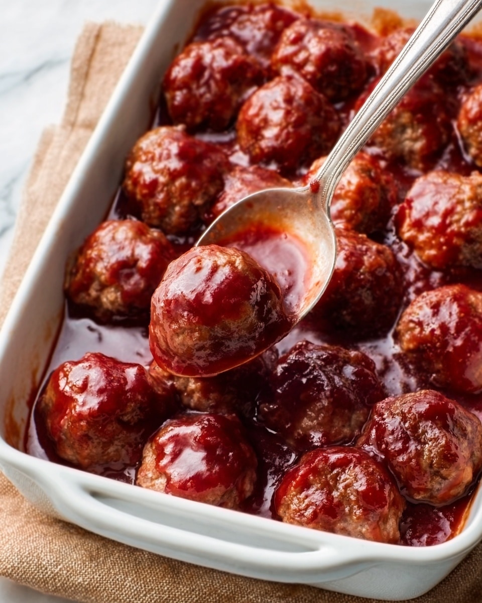 The image shows a white rectangular dish filled with round meatballs covered in a shiny, dark red sauce. A silver spoon lifts one meatball, showing the sauce dripping slightly. The dish sits on a light brown textured cloth on top of a white marbled surface. The meatballs are evenly packed, smooth, and glossy, with the sauce giving a rich, thick look. Photo taken with an iphone --ar 4:5 --v 7